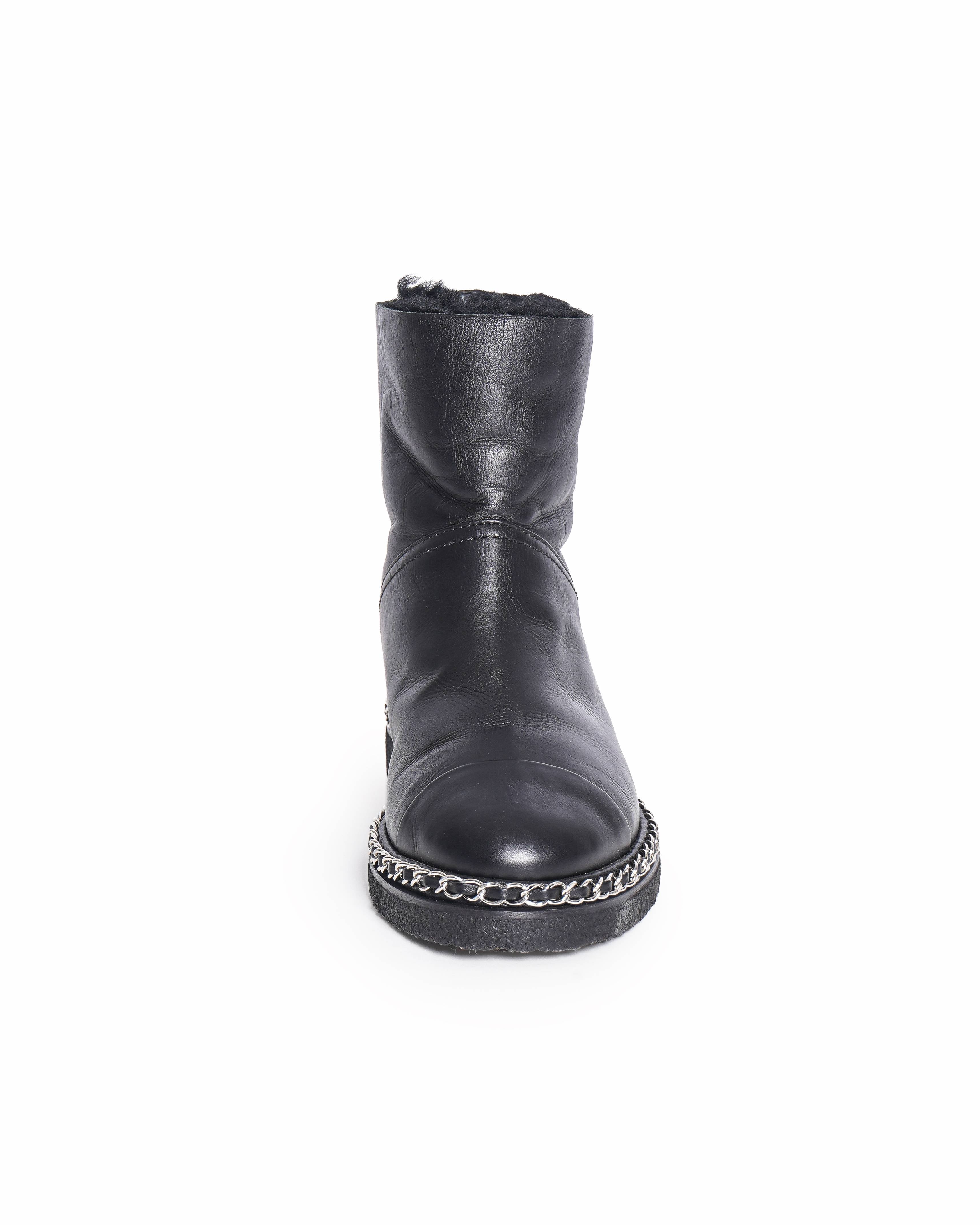 Chanel Black Leather CC Cap Toe Chain detail Ankle Length Boots