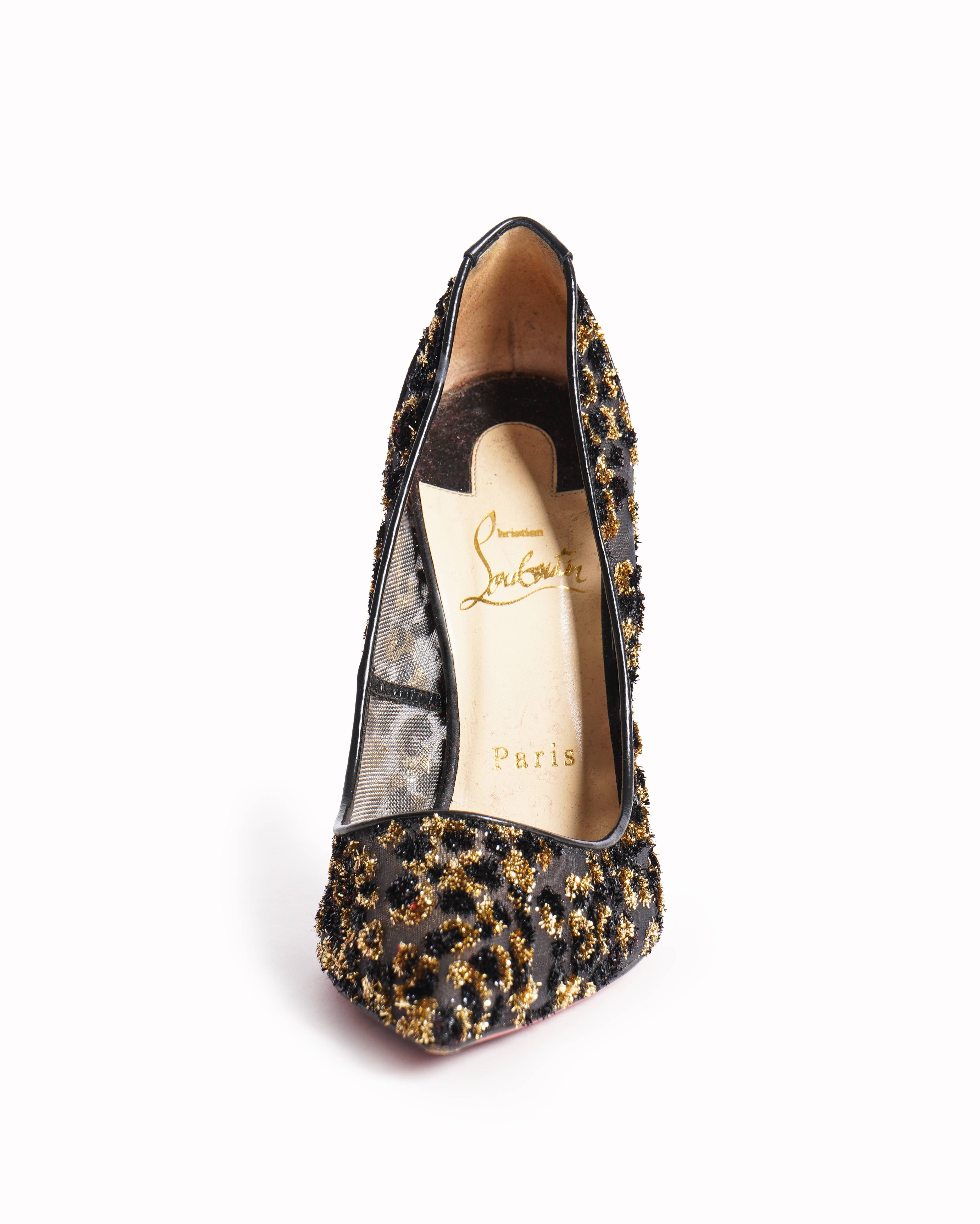 Christian Louboutin Black/Gold Leopard Print Lurex Fringe Mesh and Patent Leather Follies Pumps
