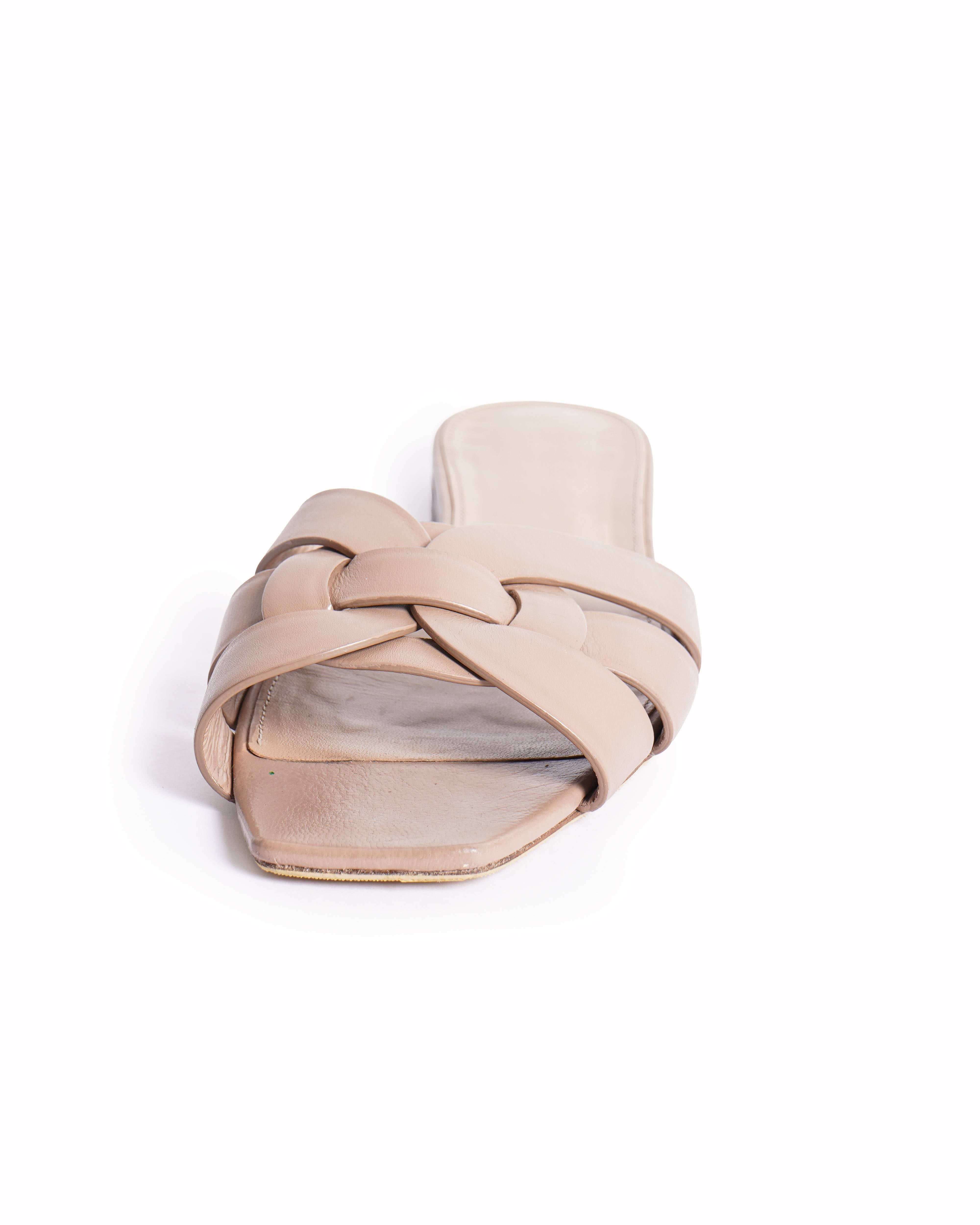 Saint Laurent Beige Leather Tribute Flat Slides