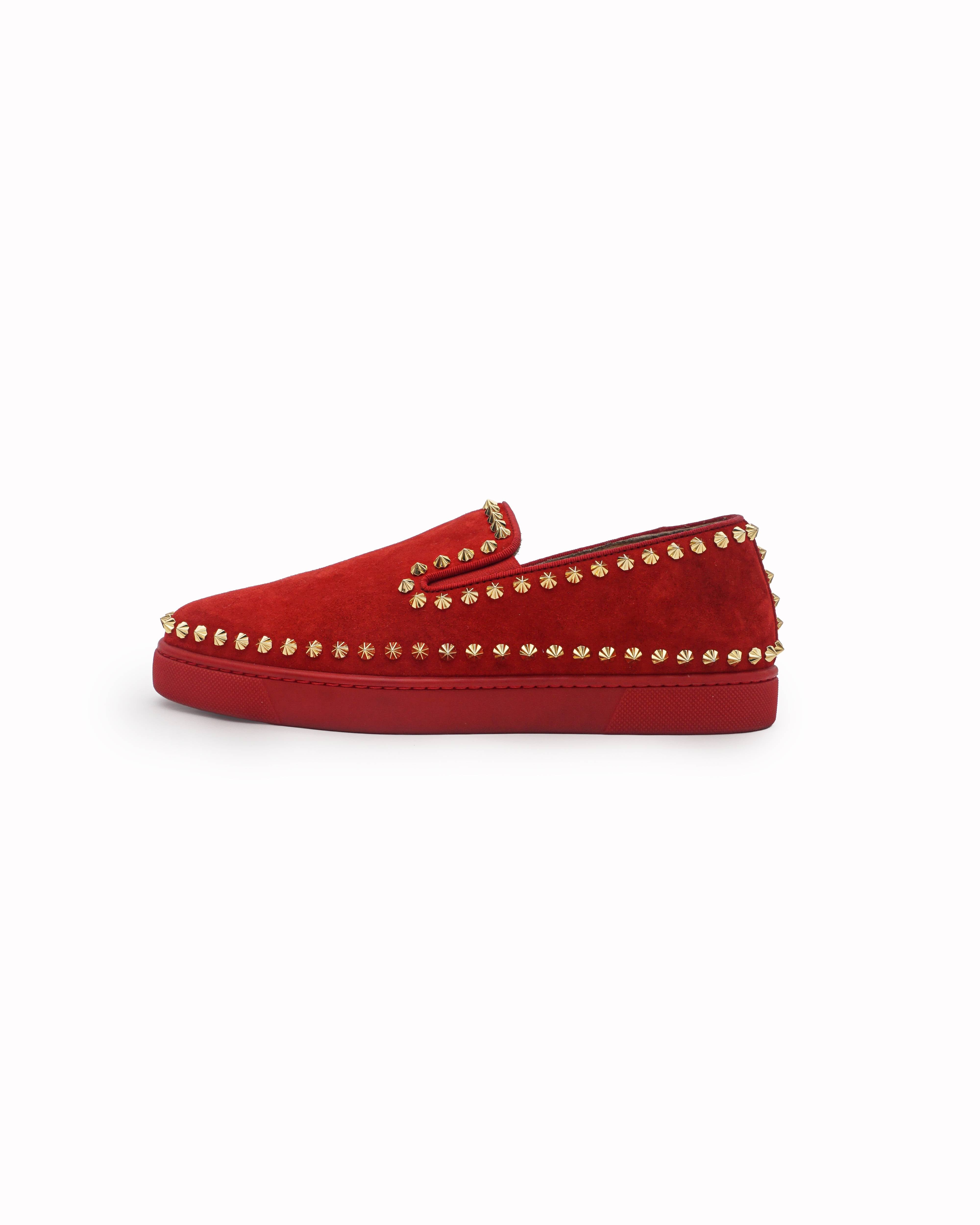 Christian Louboutin Red Suede Pik Boat Spike Slip On Sneakers