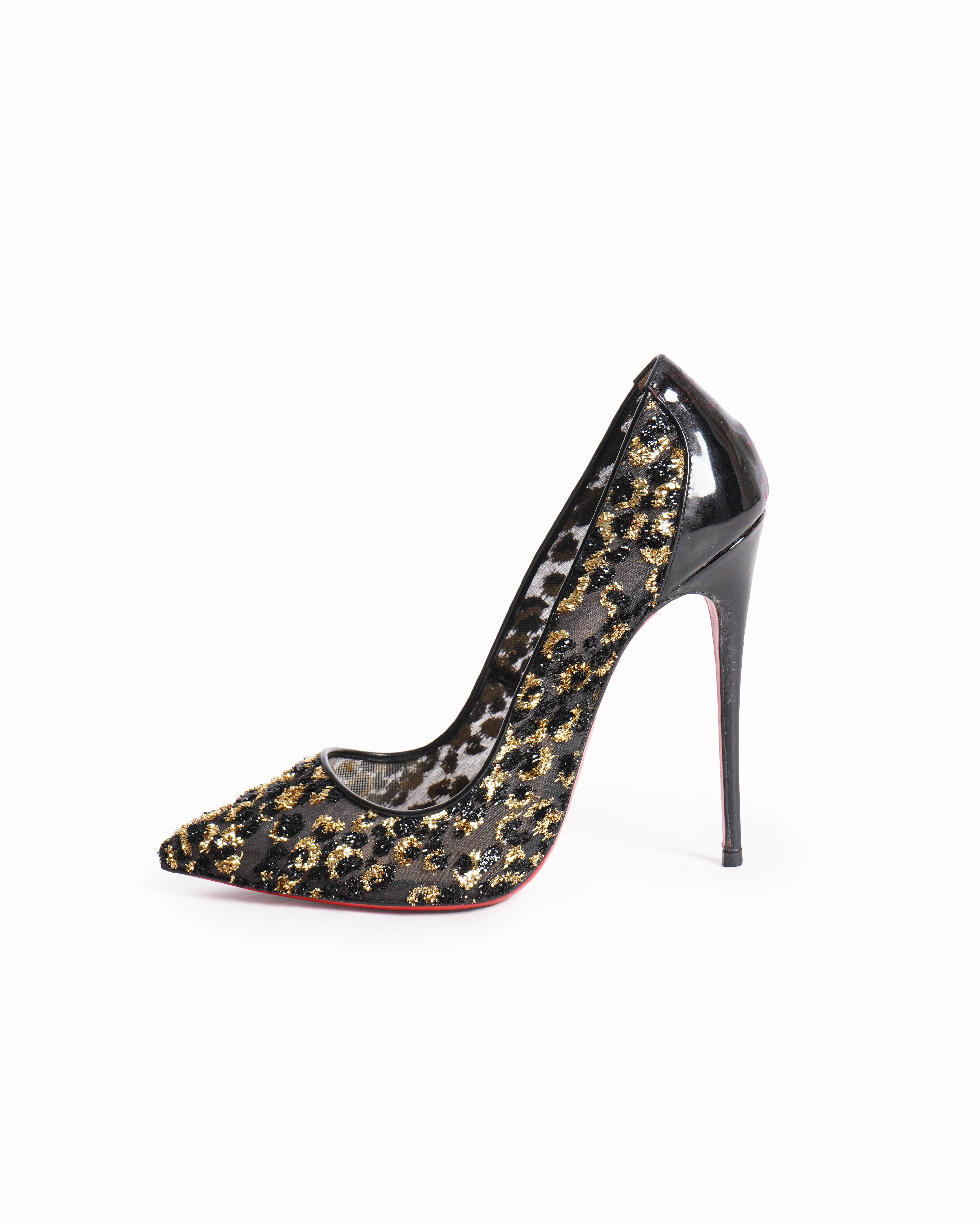 Christian Louboutin Black/Gold Leopard Print Lurex Fringe Mesh and Patent Leather Follies Pumps