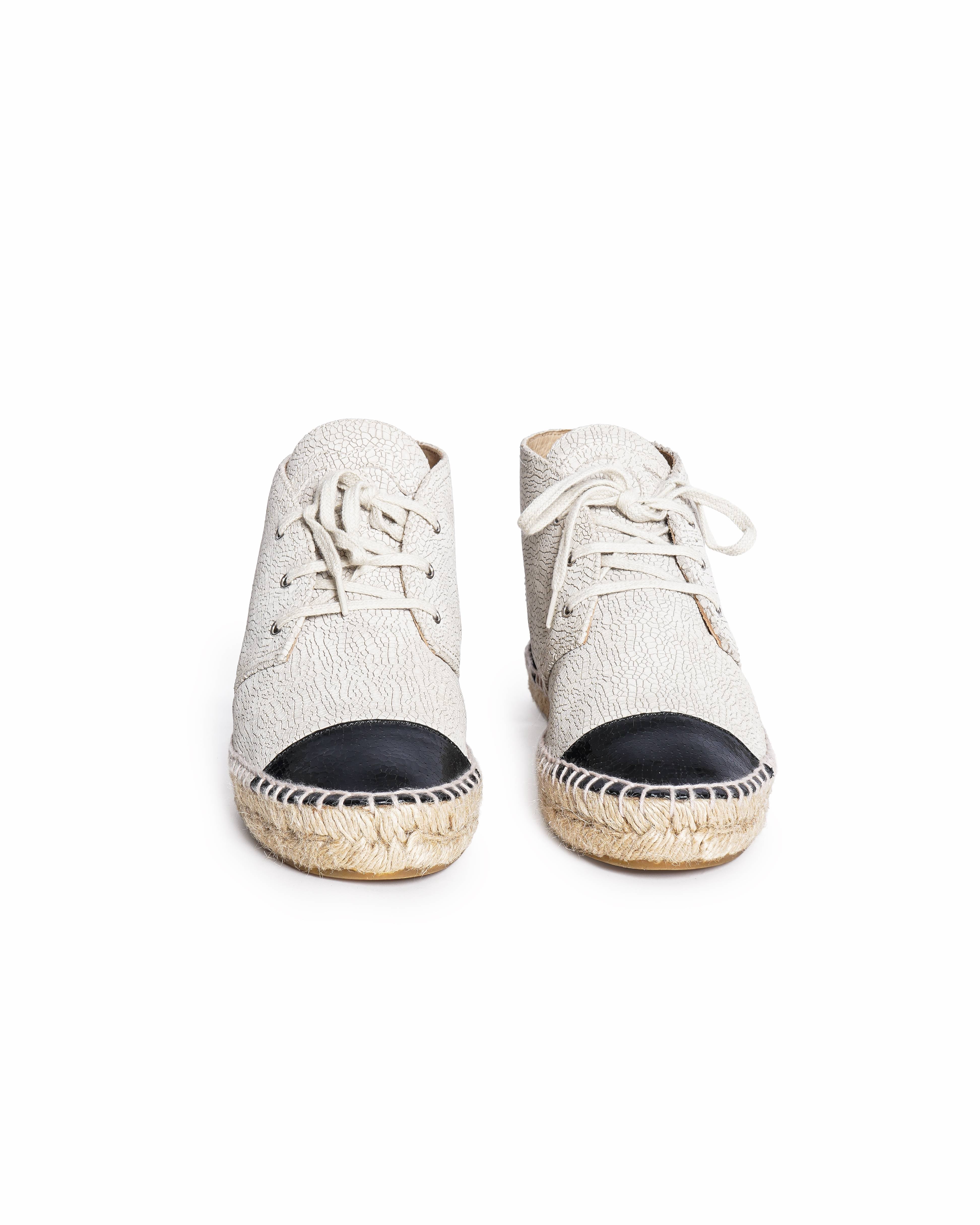 Chanel Crackled Leather Lace-Up Espadrille Ankle Boots