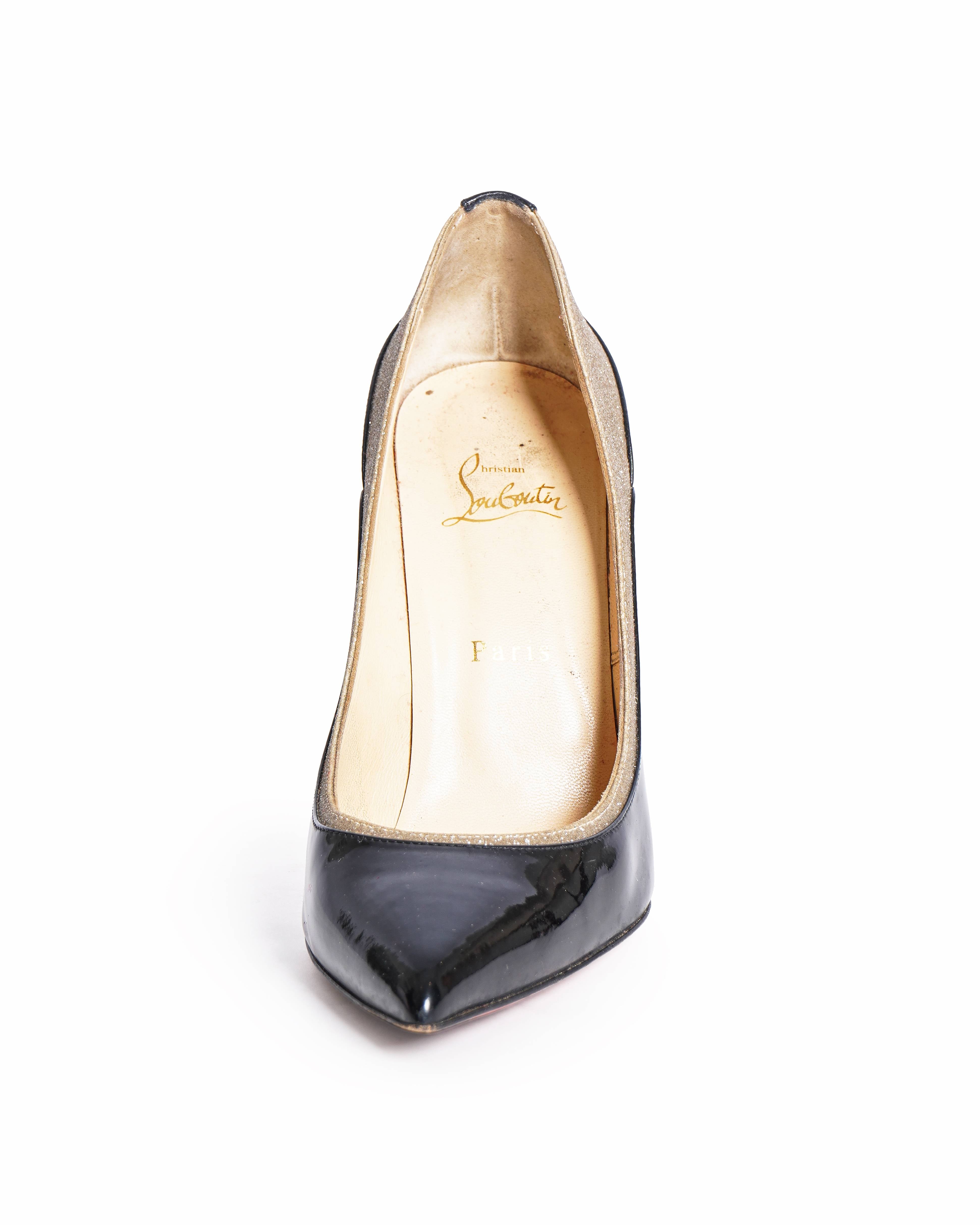 Christian Louboutin Black Patent and Glitter Tucsick Pointed Toe Pumps