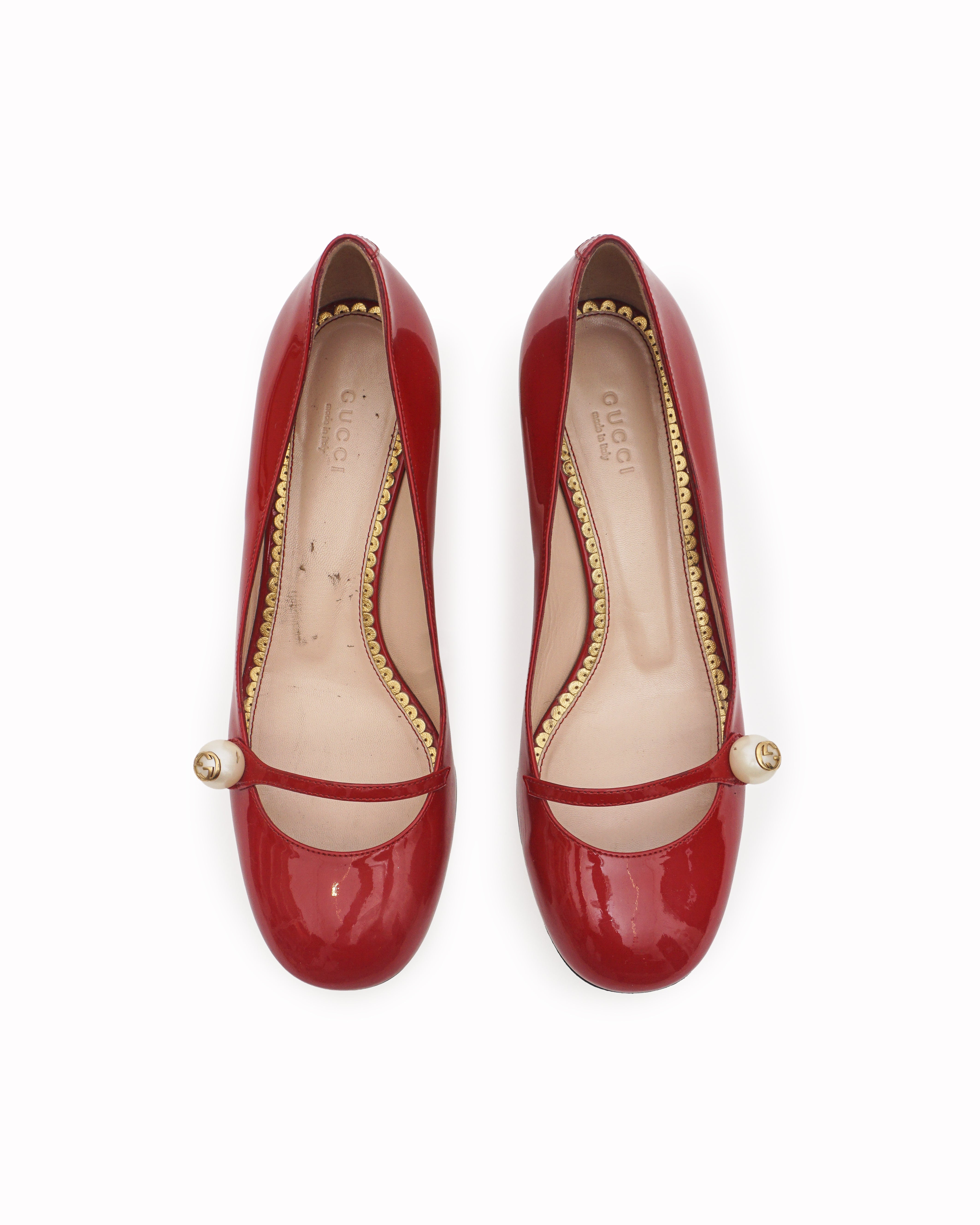 Gucci Red Patent Leather Pearl Interlocking GG Mary Jane Pumps