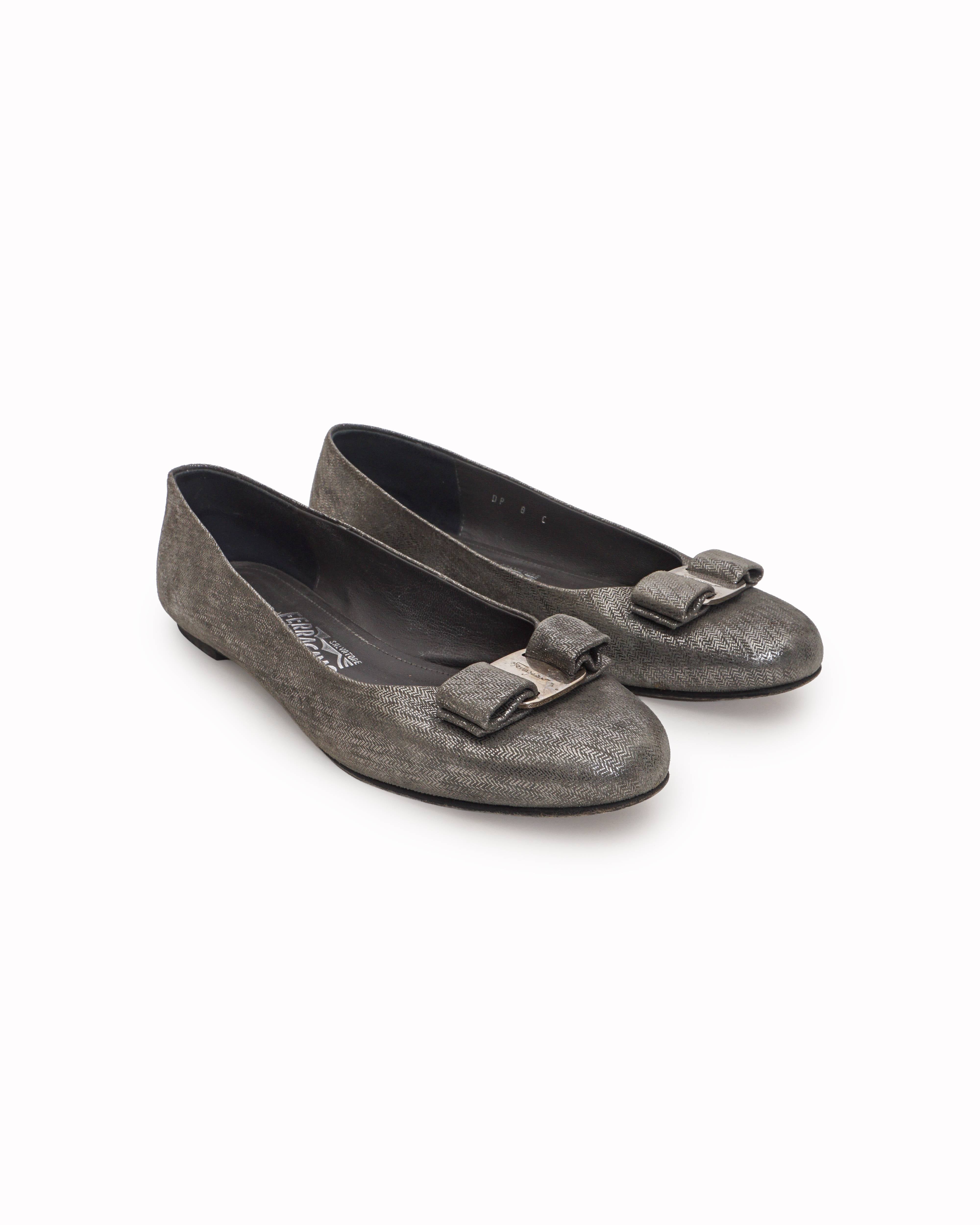 Salvatore Ferragamo Grey Metallic Vara Ballet Flats