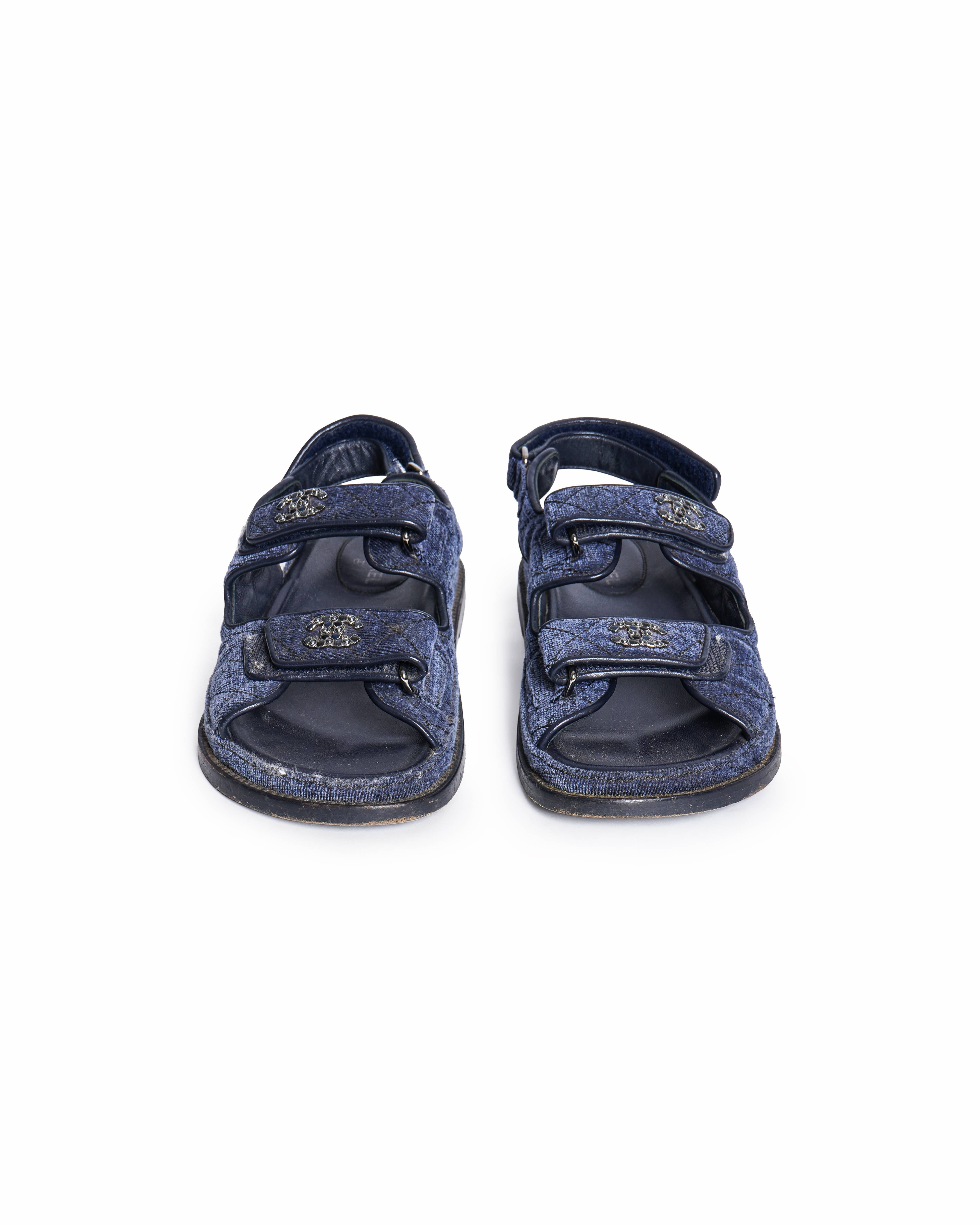 Chanel Navy Blue Quilted Velvet CC Velcro Dad Sandals