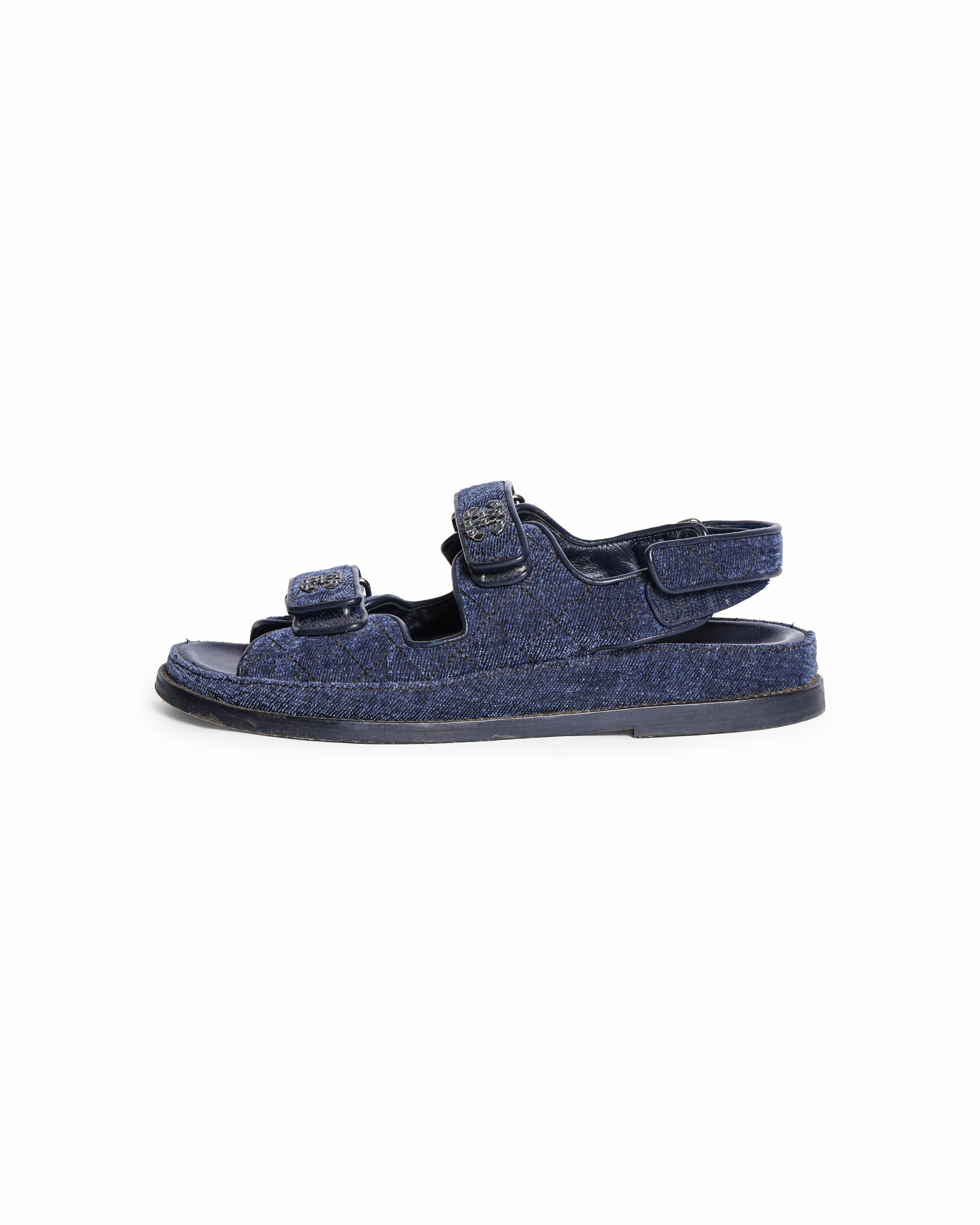 Chanel Navy Blue Quilted Velvet CC Velcro Dad Sandals