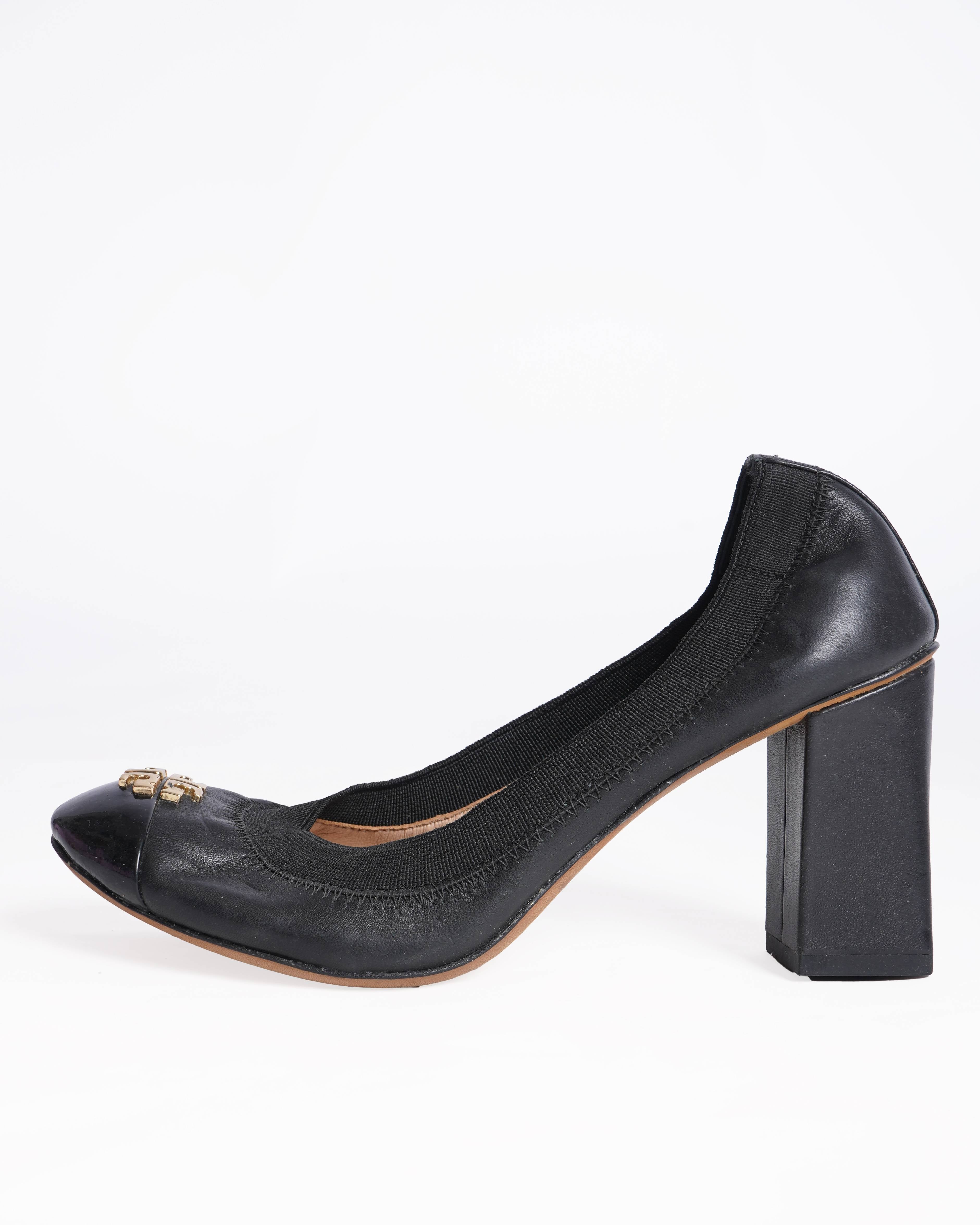 Tory Burch Black Leather Cap Toe Jolie Block Heel Pumps