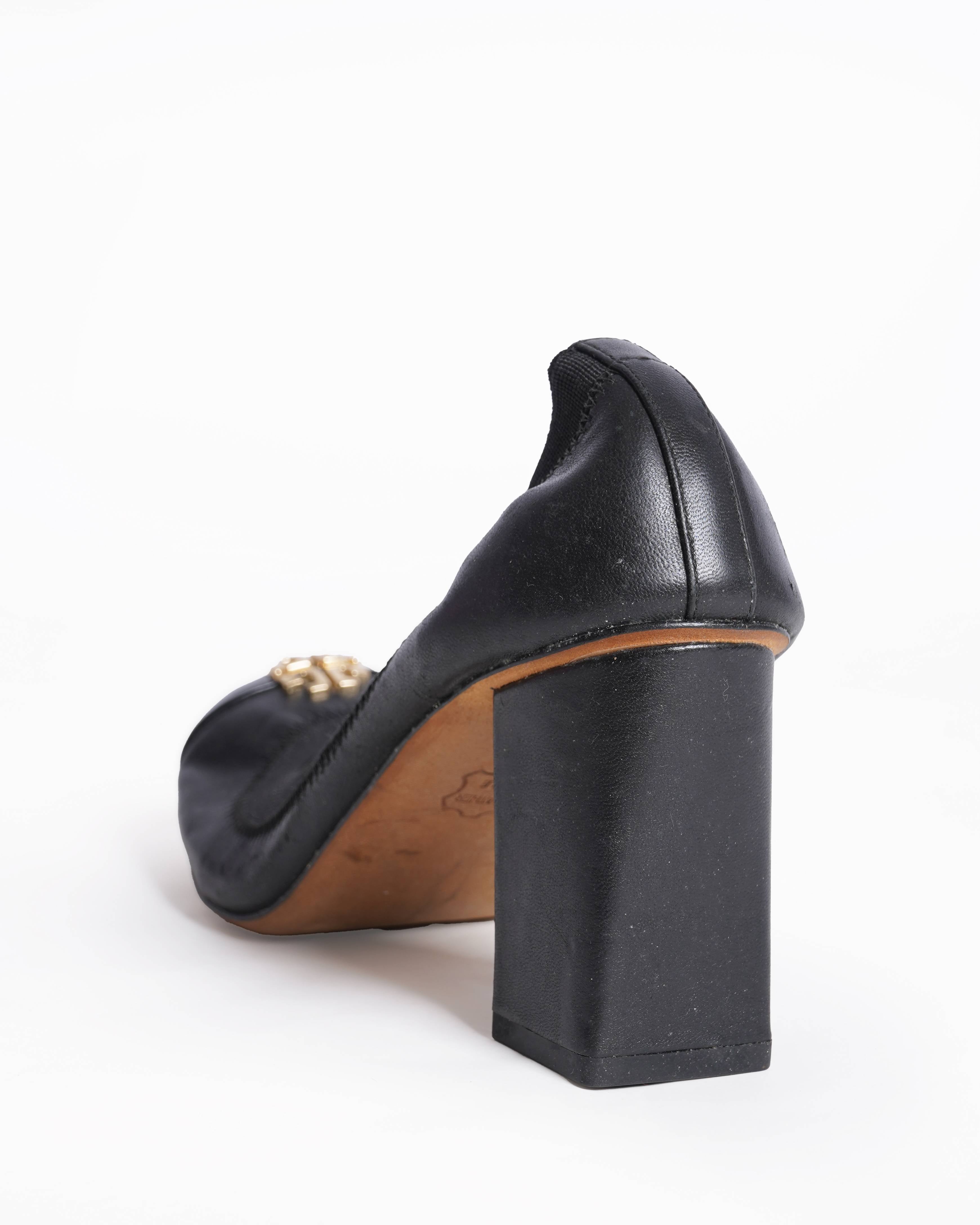 Tory Burch Black Leather Cap Toe Jolie Block Heel Pumps
