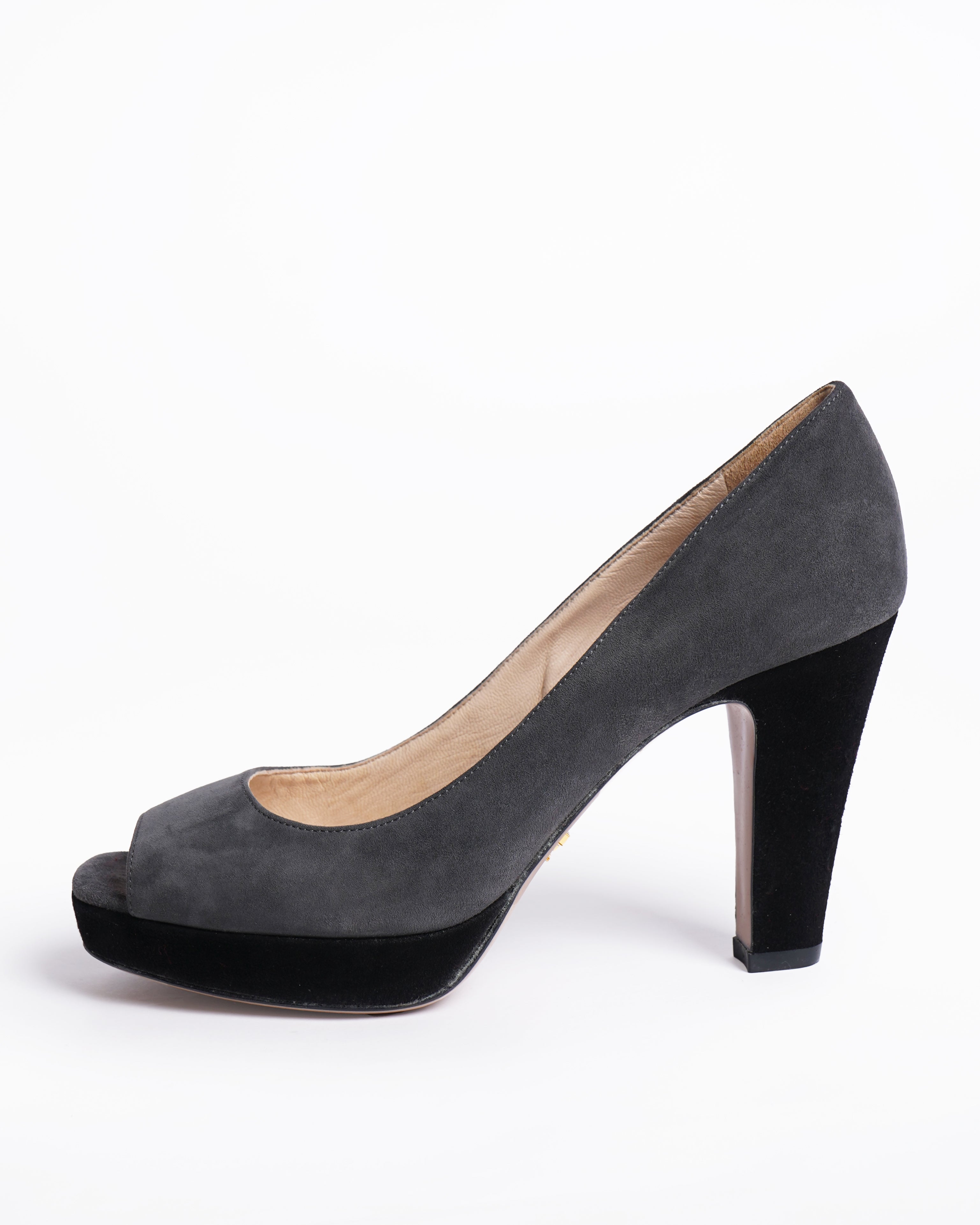 Prada Grey Suede Peep Toe Pumps