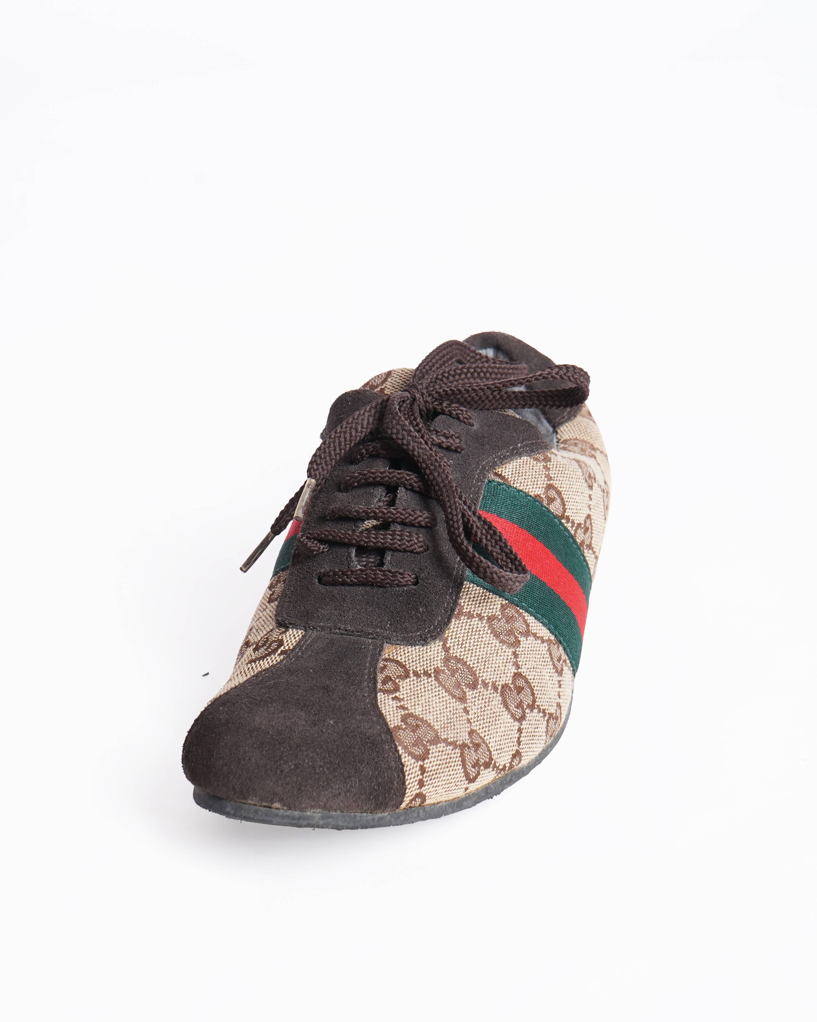 Gucci Monogram Canvas & Suede Lace Up Sneakers