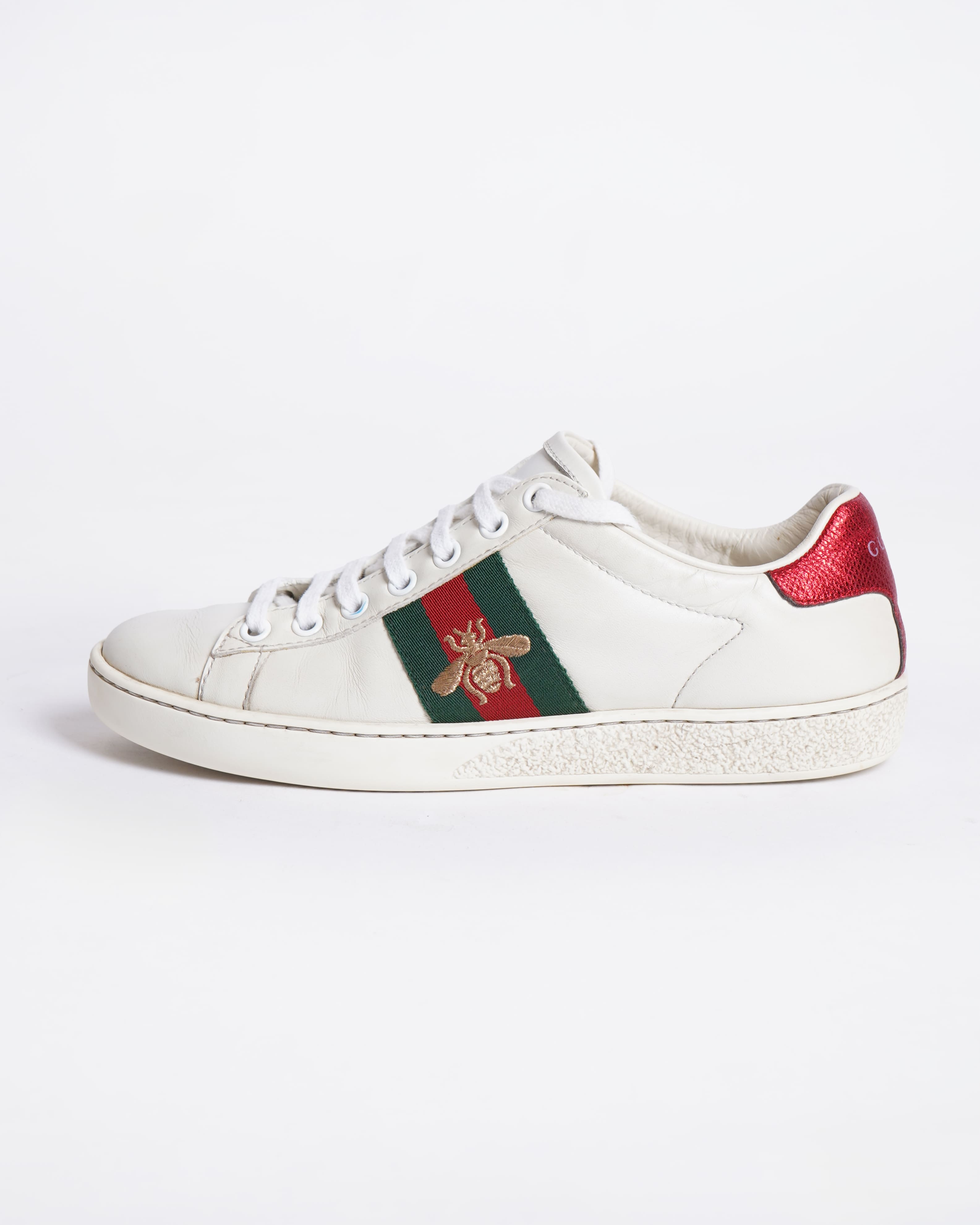 Gucci Ace White Leather Sneakers With Signature Canvas Stripes Women's