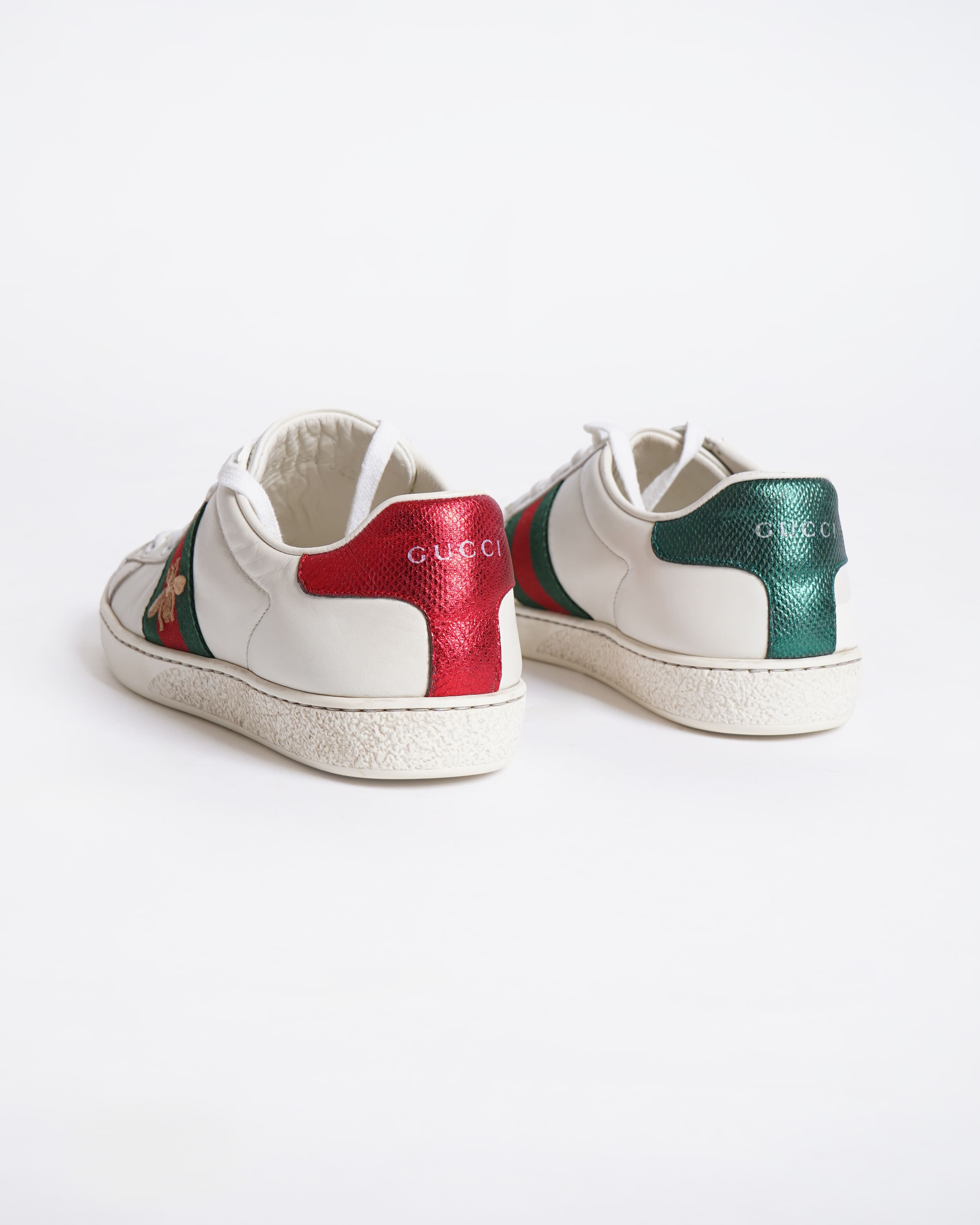 Gucci Ace White Leather Sneakers With Signature Canvas Stripes Women's