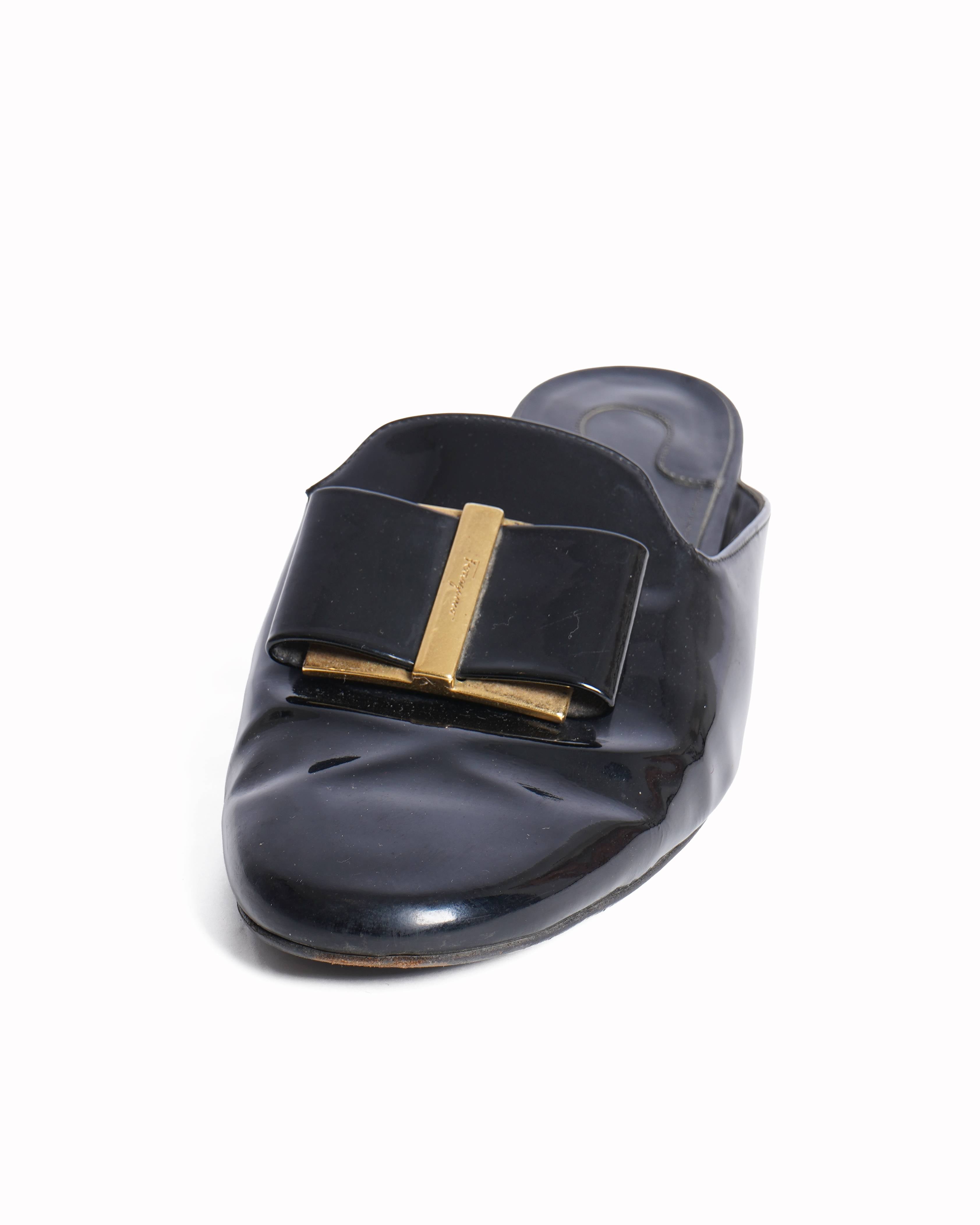 Salvatore Ferragamo Flower Black Patent Leather Mules