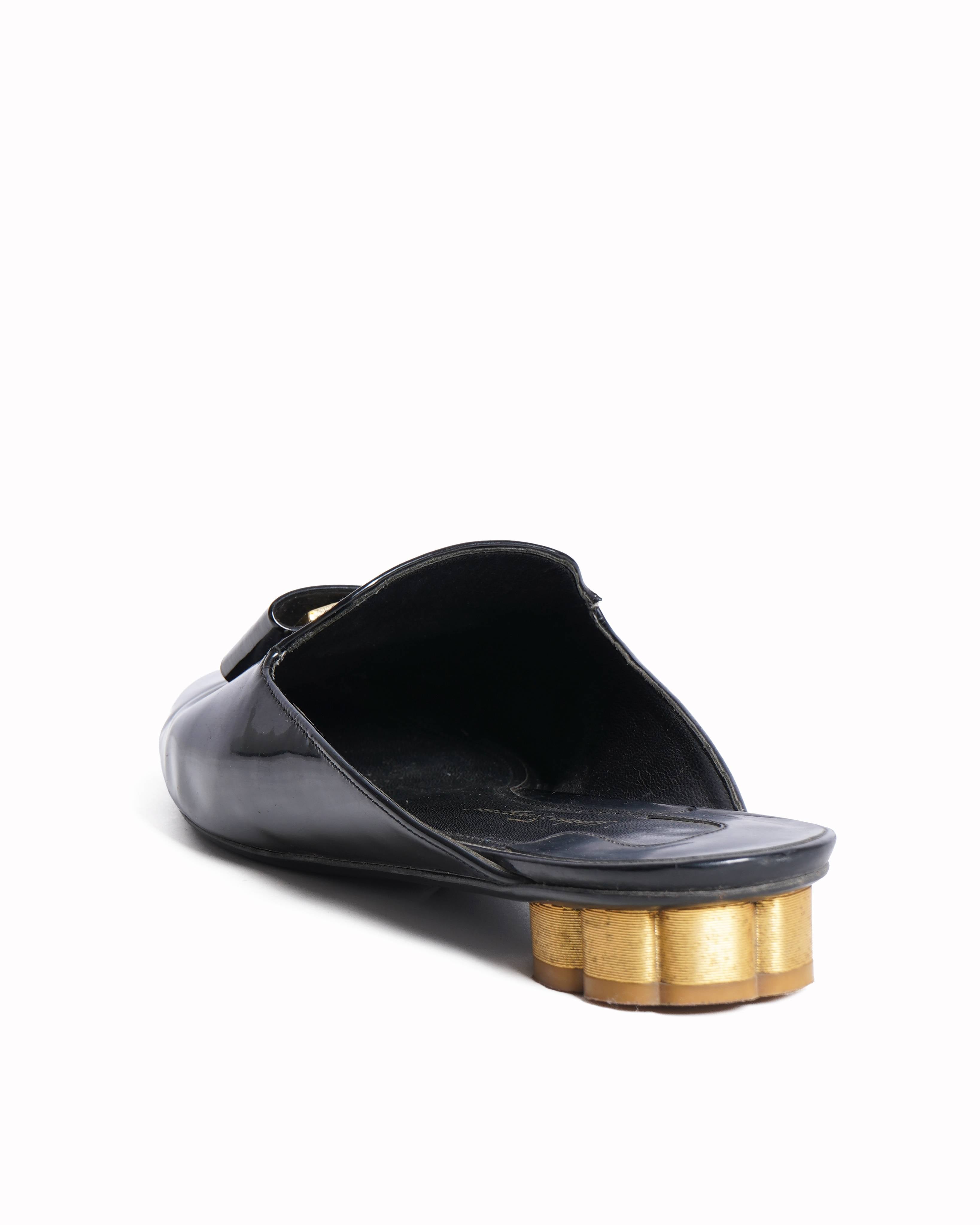 Salvatore Ferragamo Flower Black Patent Leather Mules