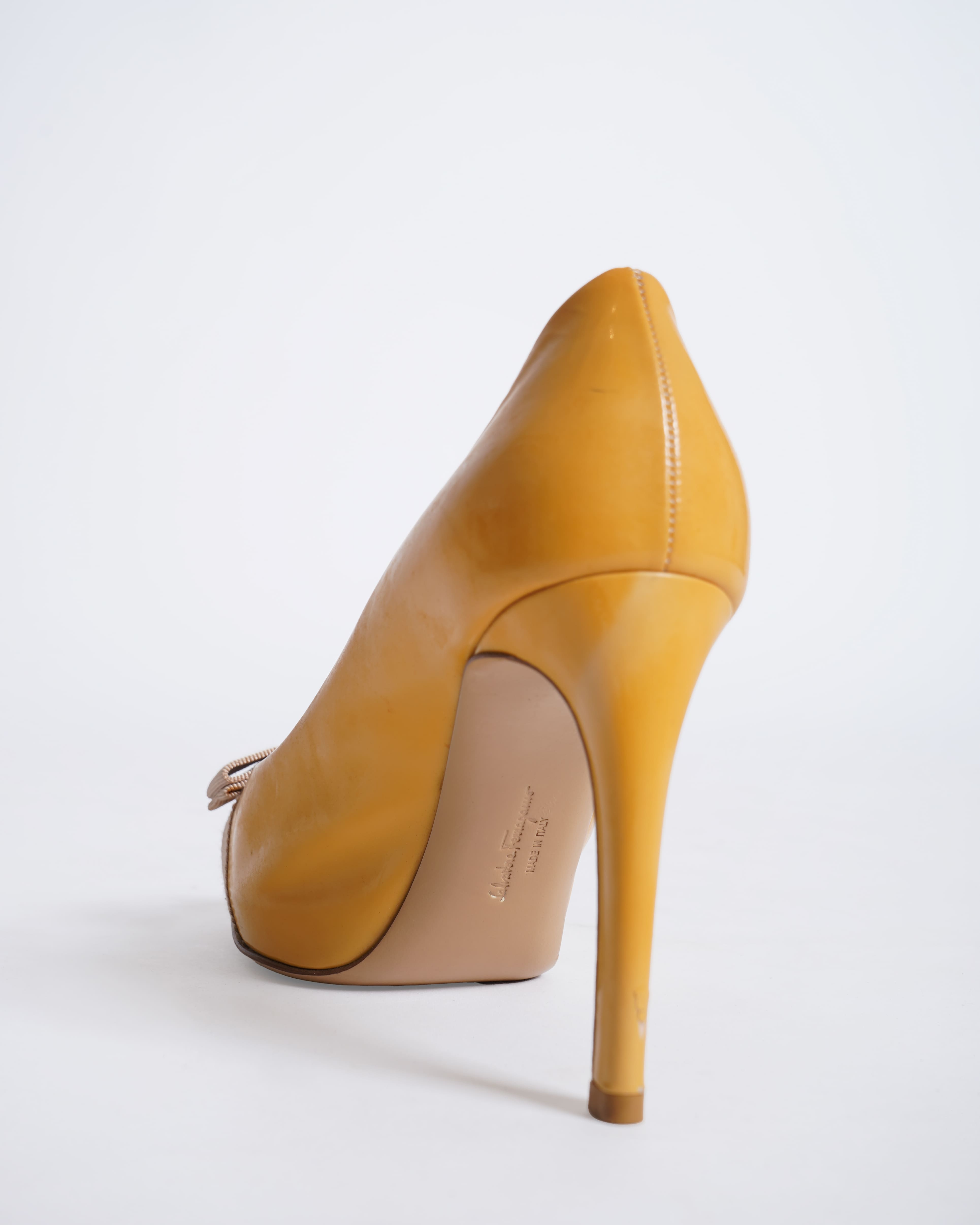 Salvatore Ferragamo Patent Leather Yellow Vara Bow Pumps
