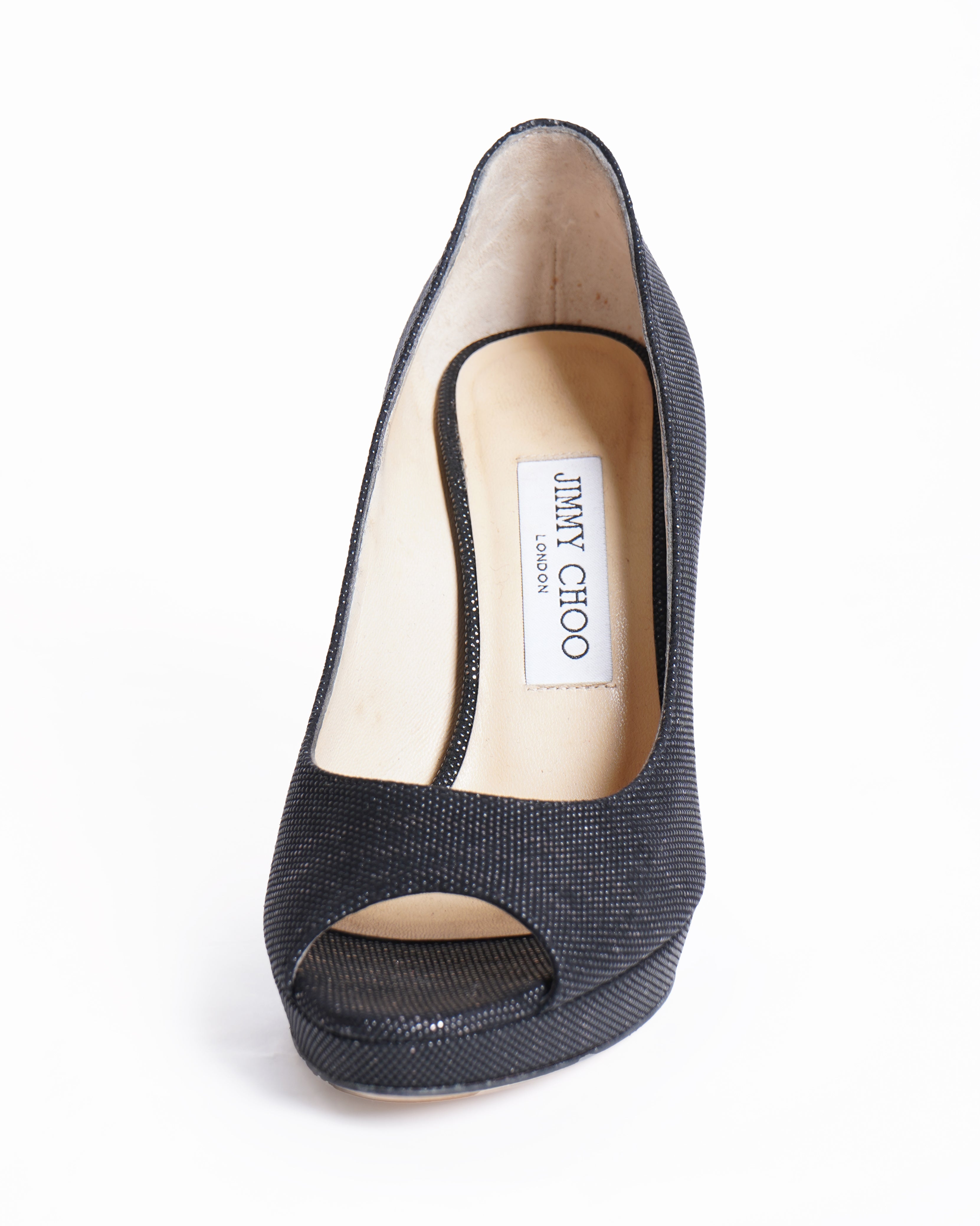 Jimmy Choo Black Lamè Fabric Quiet Peep Toe Heels