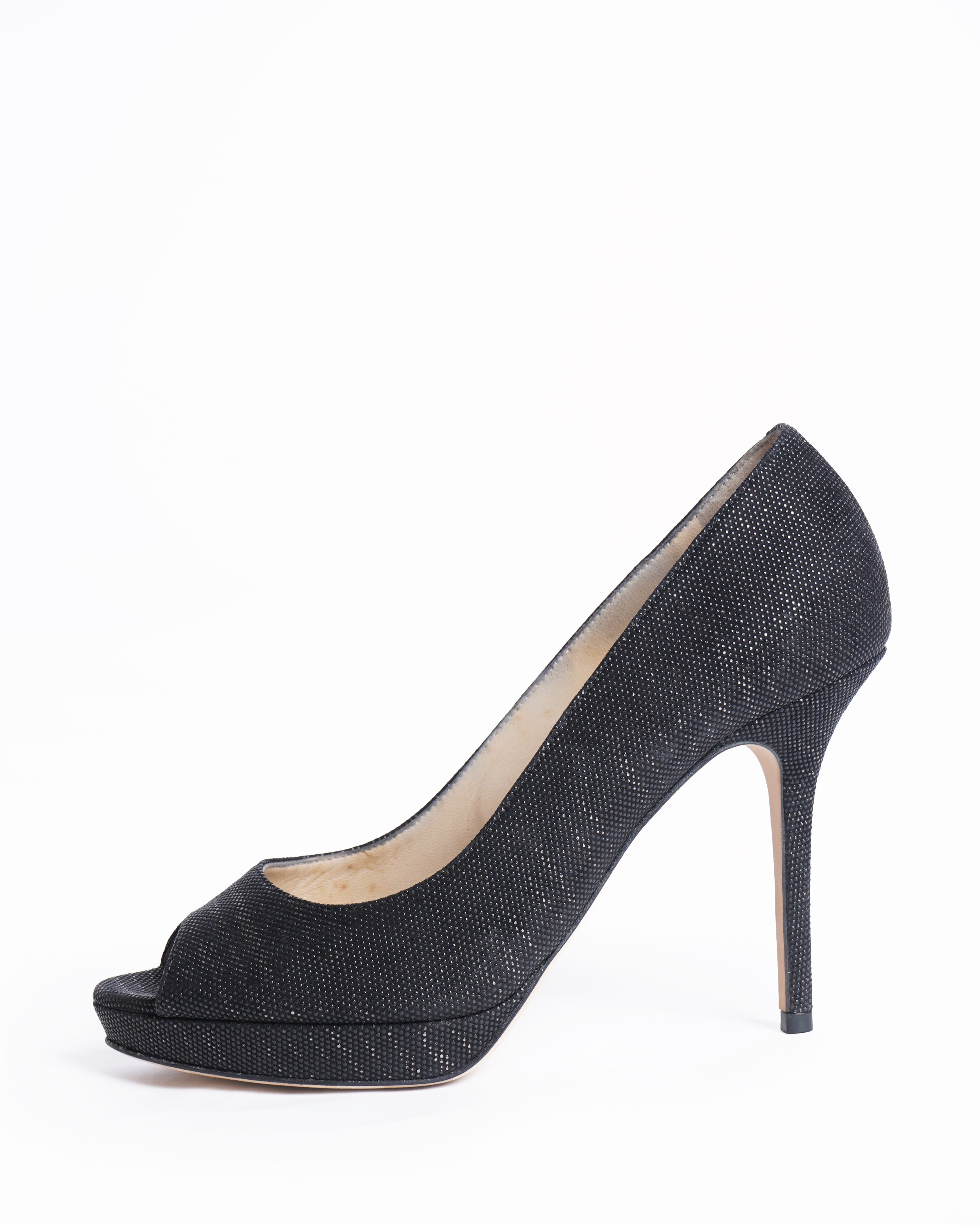 Jimmy Choo Black Lamè Fabric Quiet Peep Toe Heels