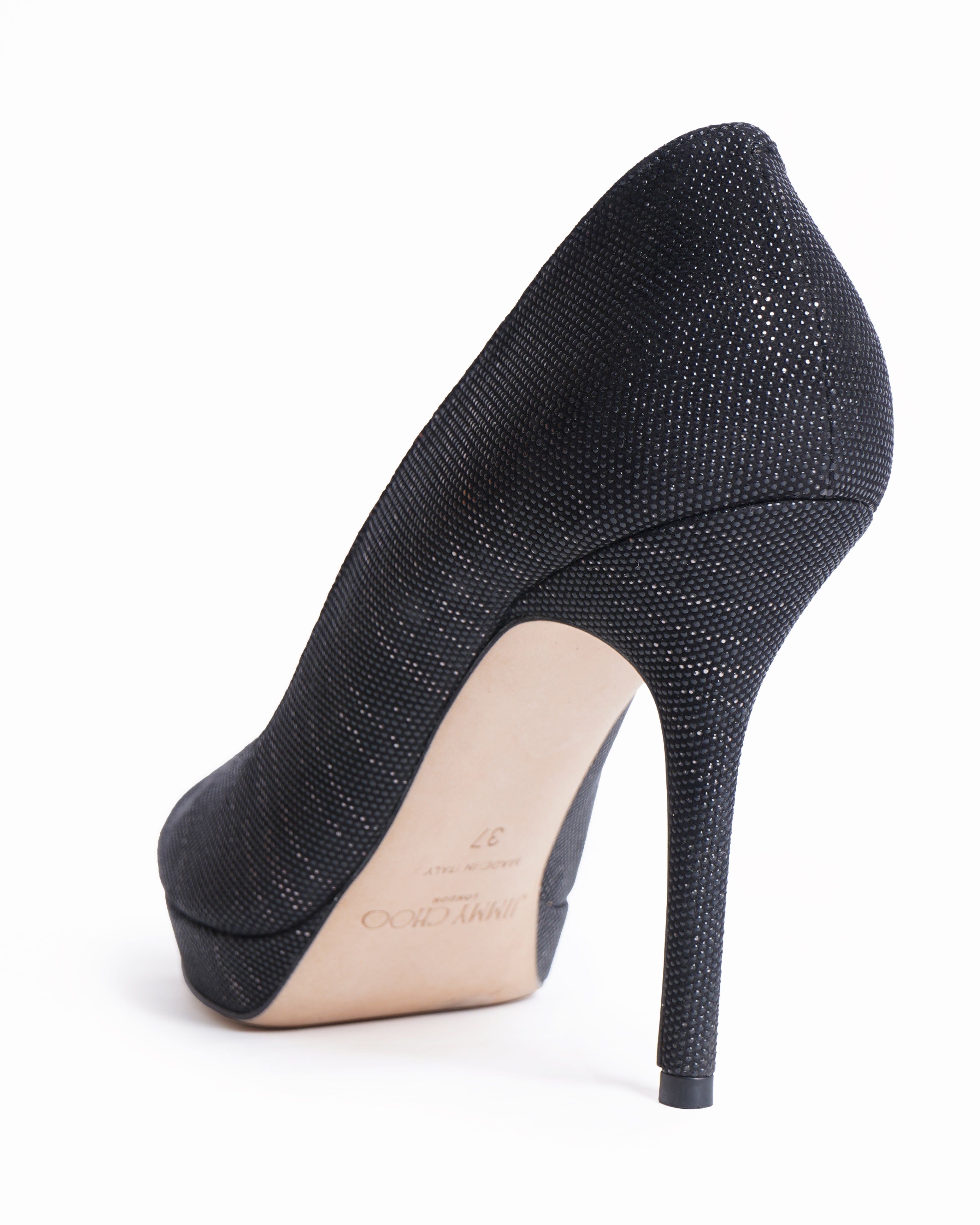 Jimmy Choo Black Lamè Fabric Quiet Peep Toe Heels