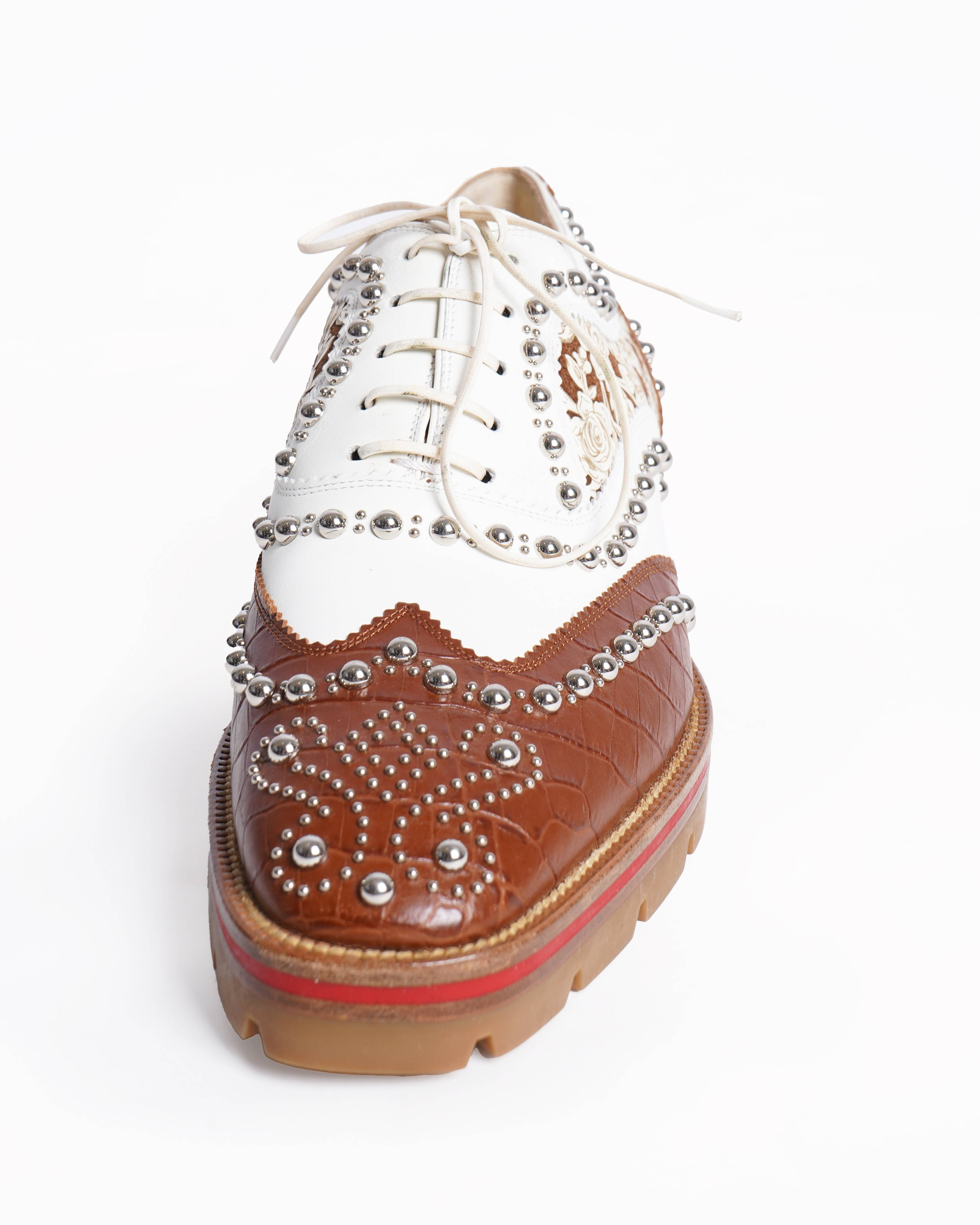 New Christian Louboutin Brown/White Croc Embossed and Leather Cappadonna Oxfords