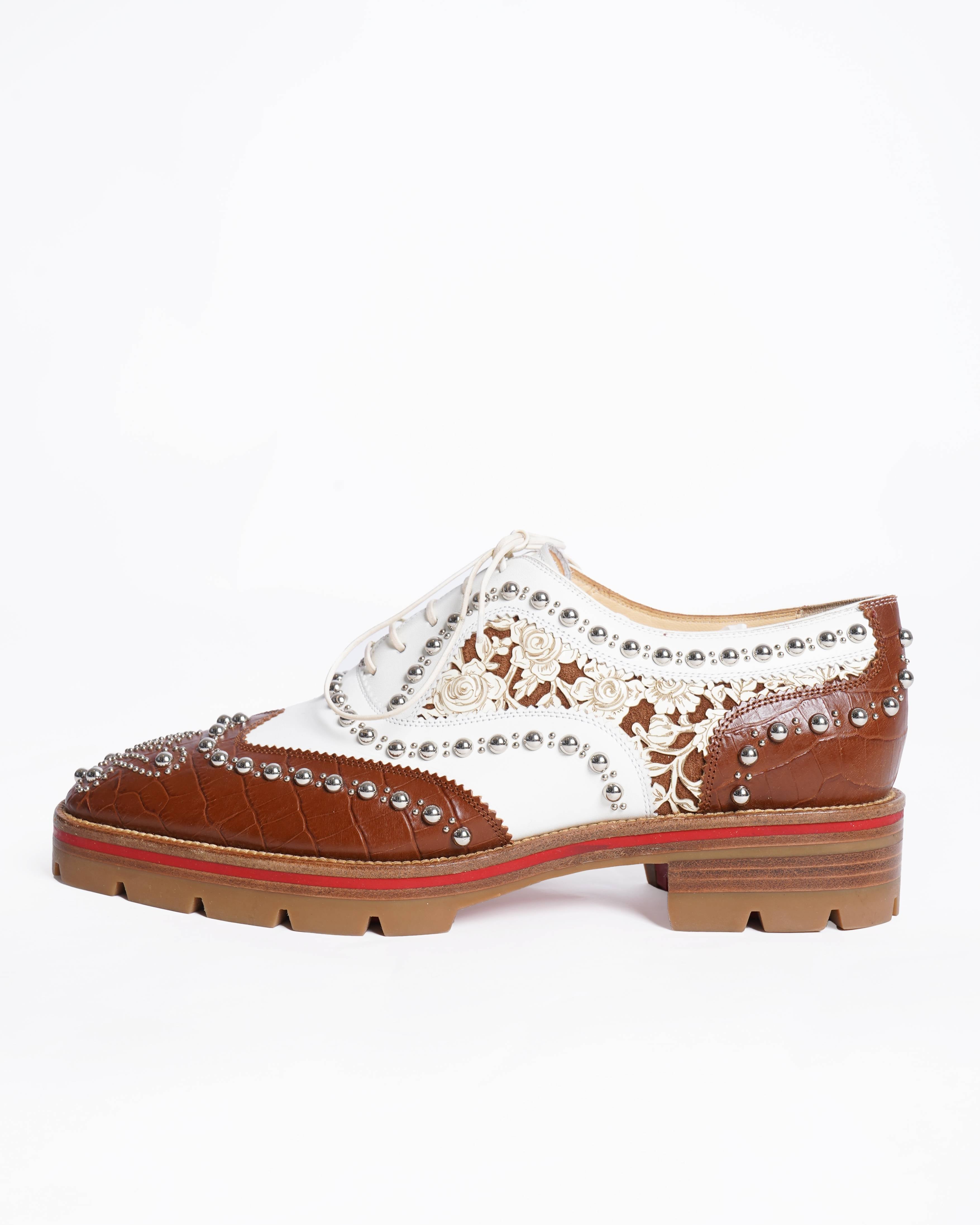 New Christian Louboutin Brown/White Croc Embossed and Leather Cappadonna Oxfords