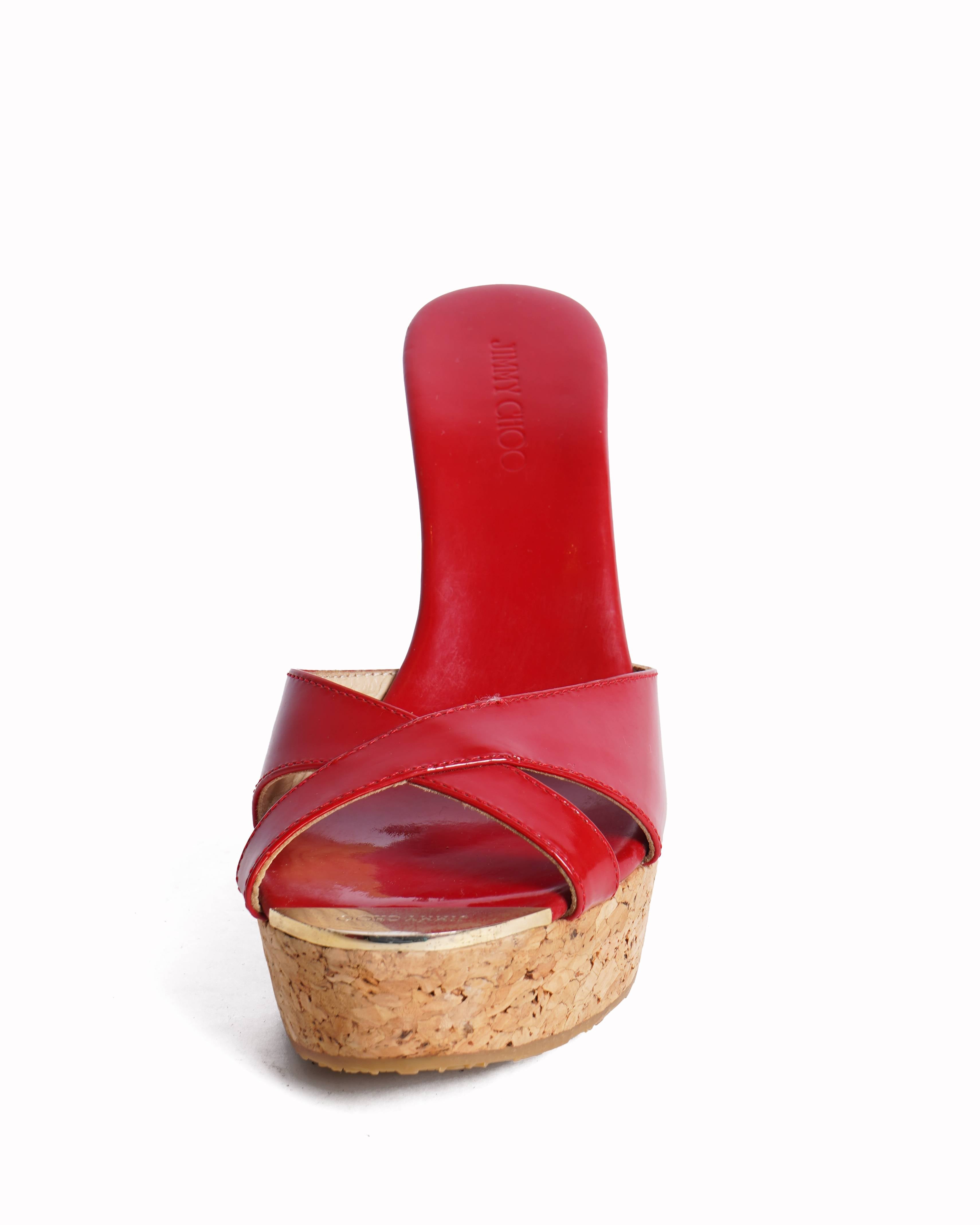 New Jimmy Choo Patent Leather Cork Wedges In Red