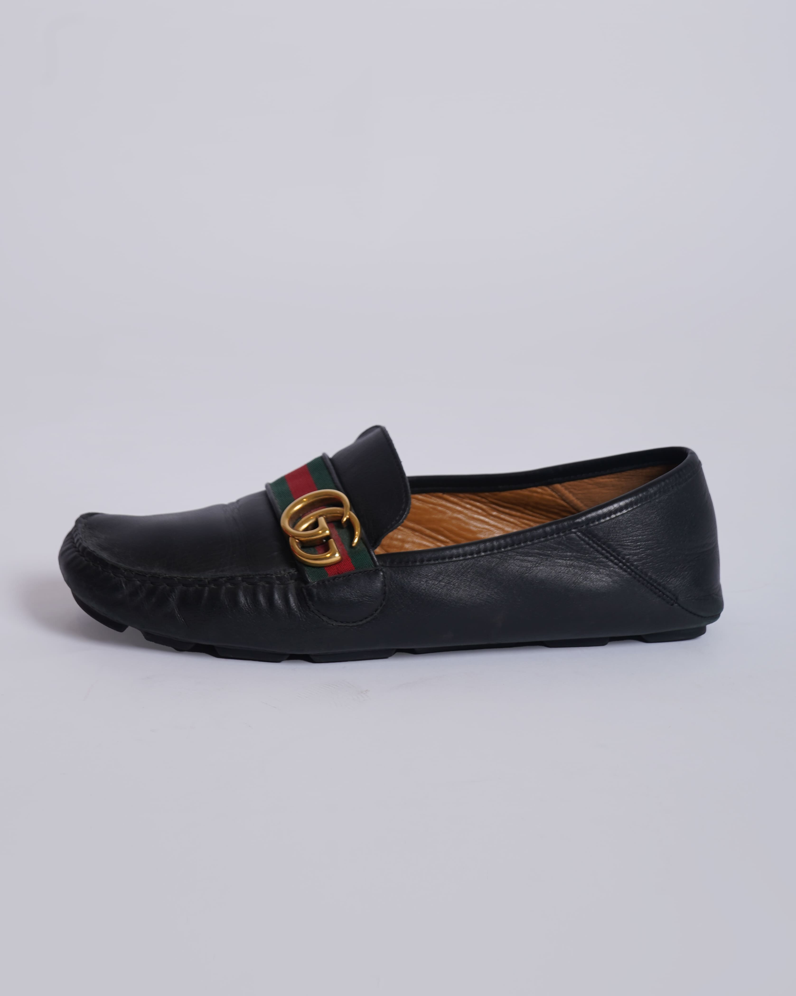 Gucci Men's Driving Loafers In Signature GG Logo With Stripes