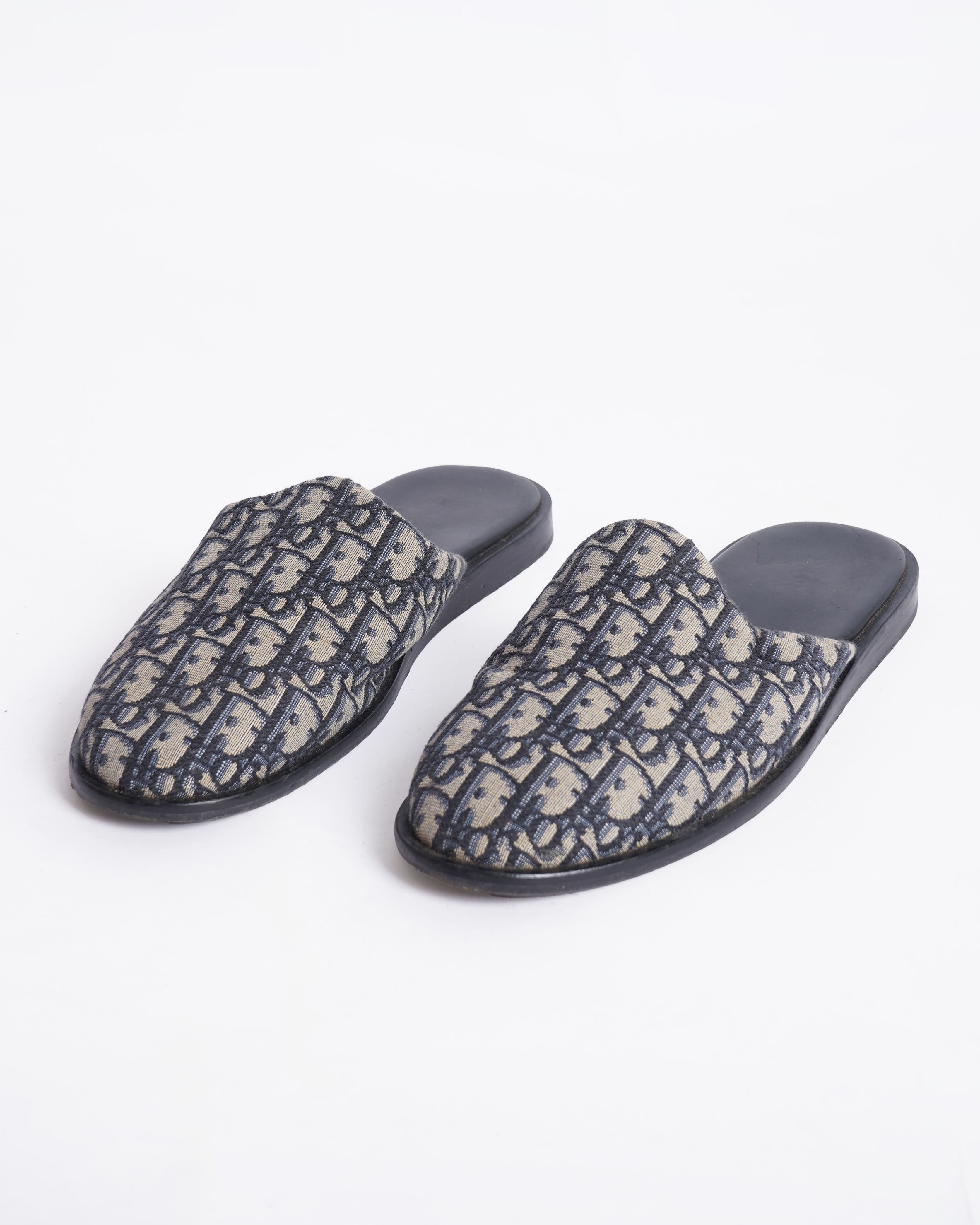 Christian Dior Blue/Beige Oblique Embroidered Canvas Mules