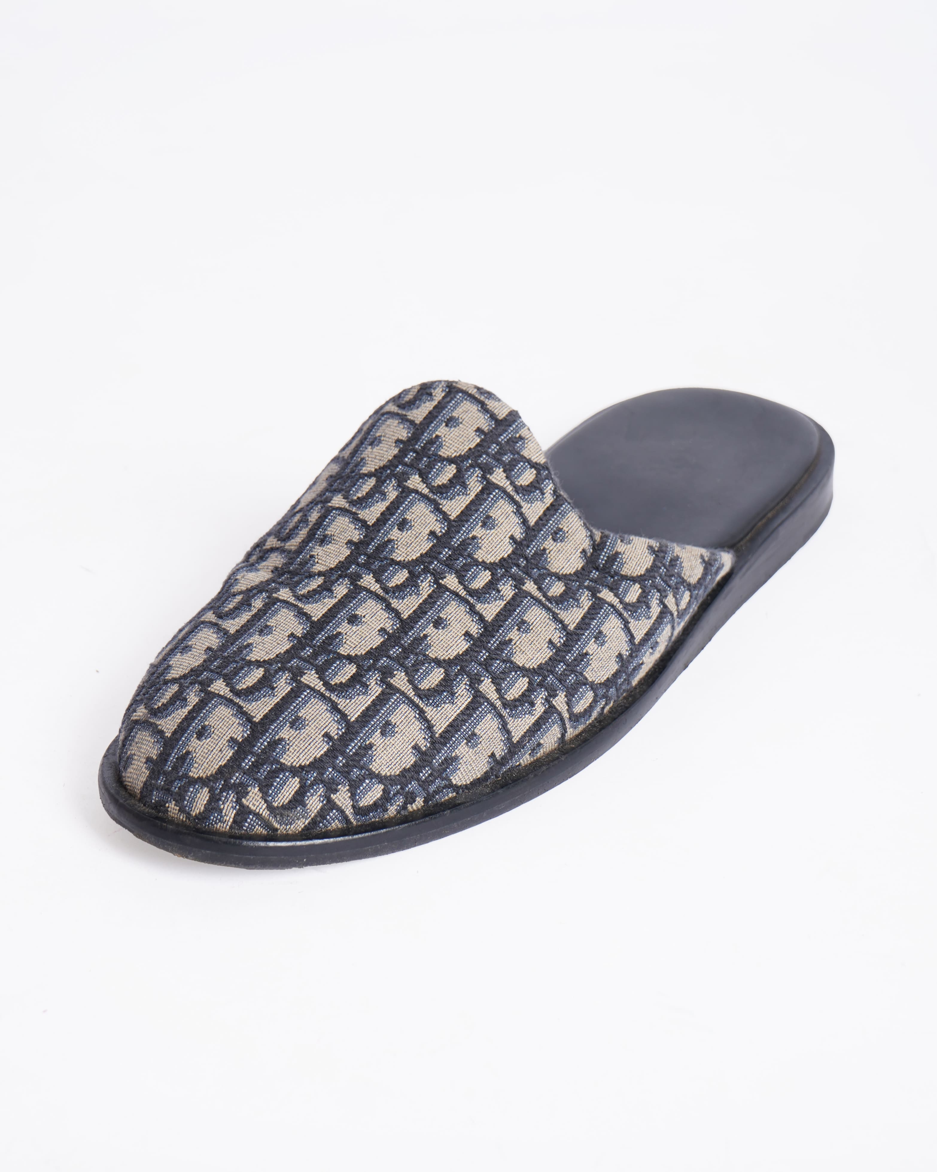 Christian Dior Blue/Beige Oblique Embroidered Canvas Mules