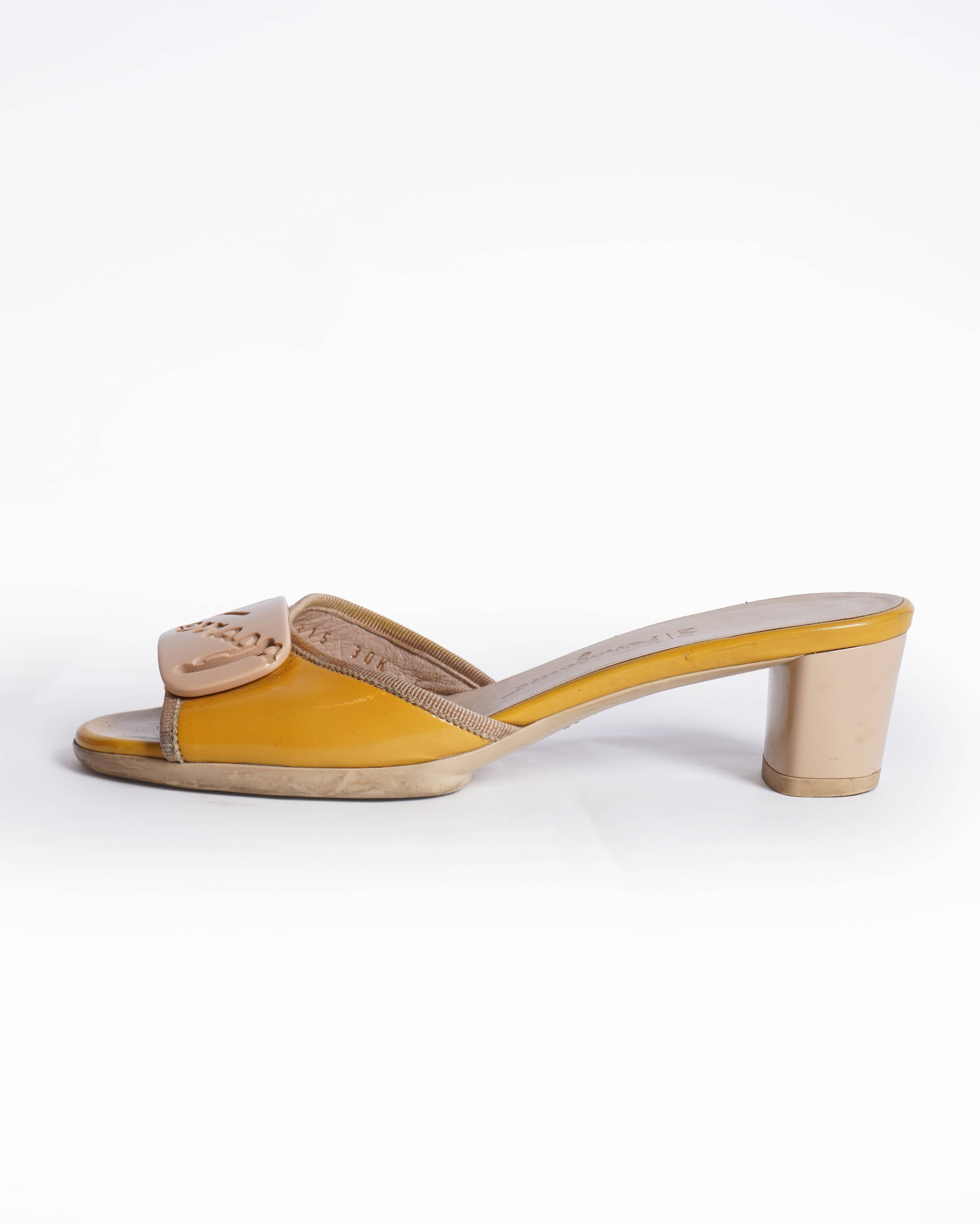Salvatore Ferragamo yellow Patent Leather Block Heel Slides