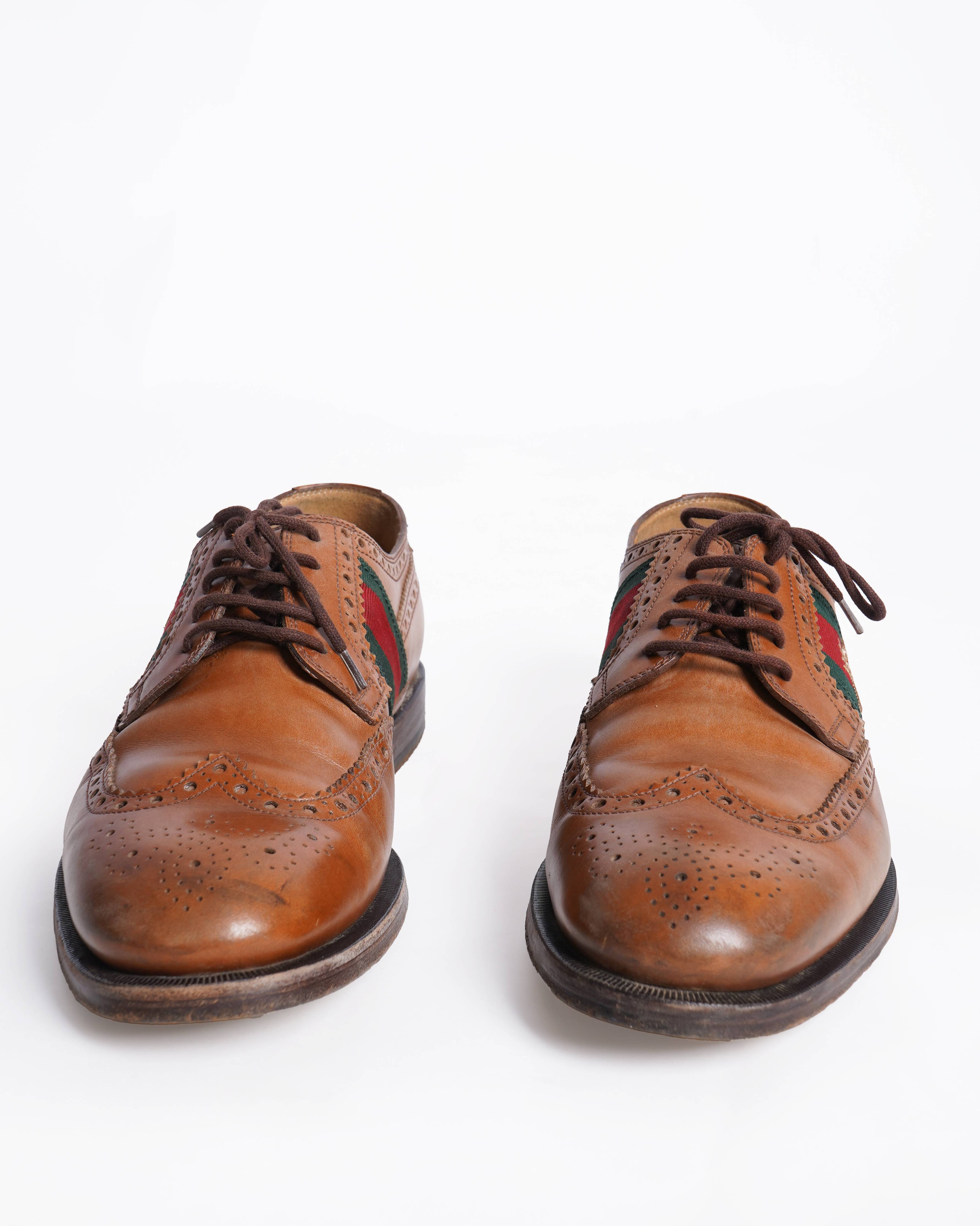 Gucci Brown Brogue Leather Bee Web Detail Lace Up