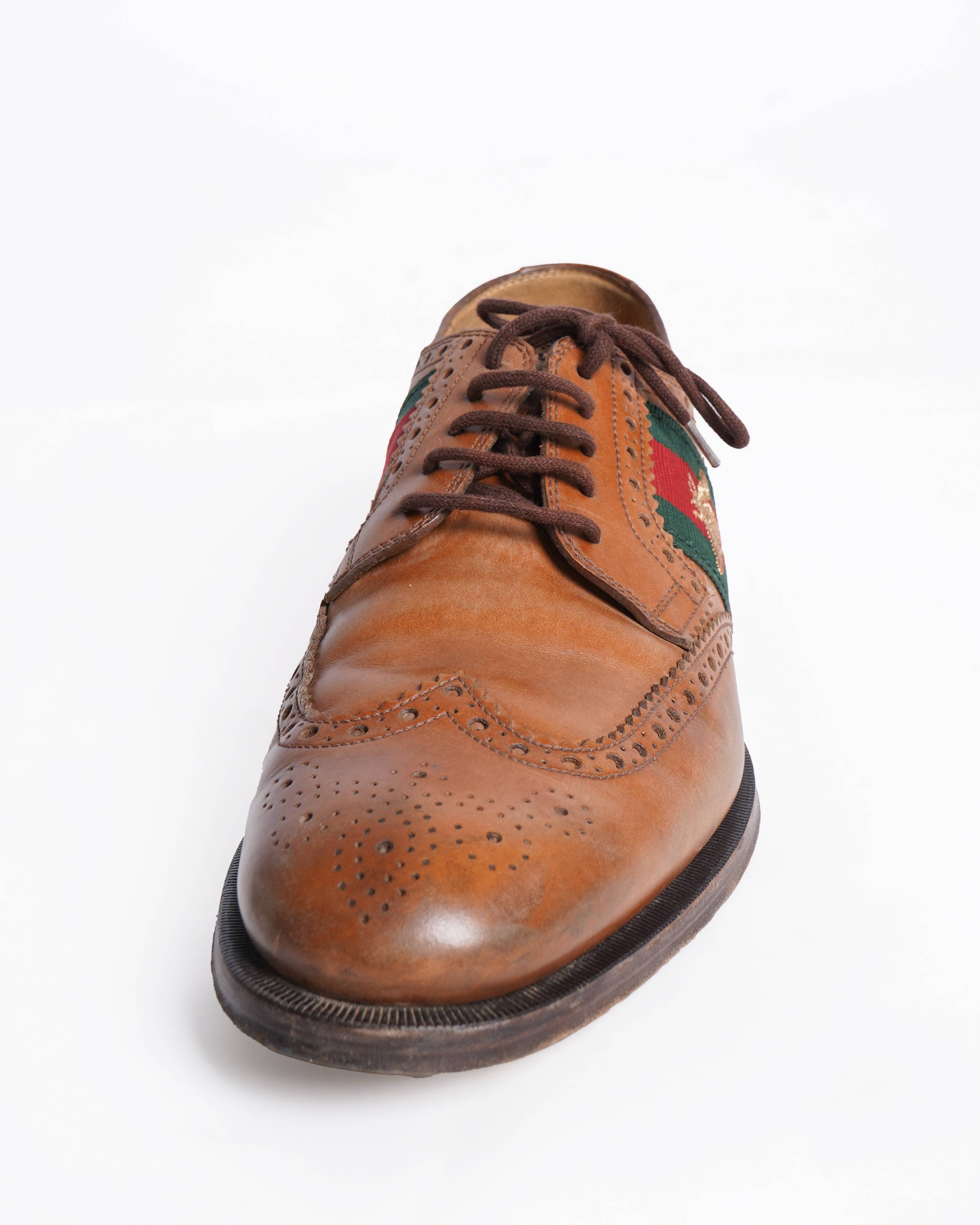 Gucci Brown Brogue Leather Bee Web Detail Lace Up