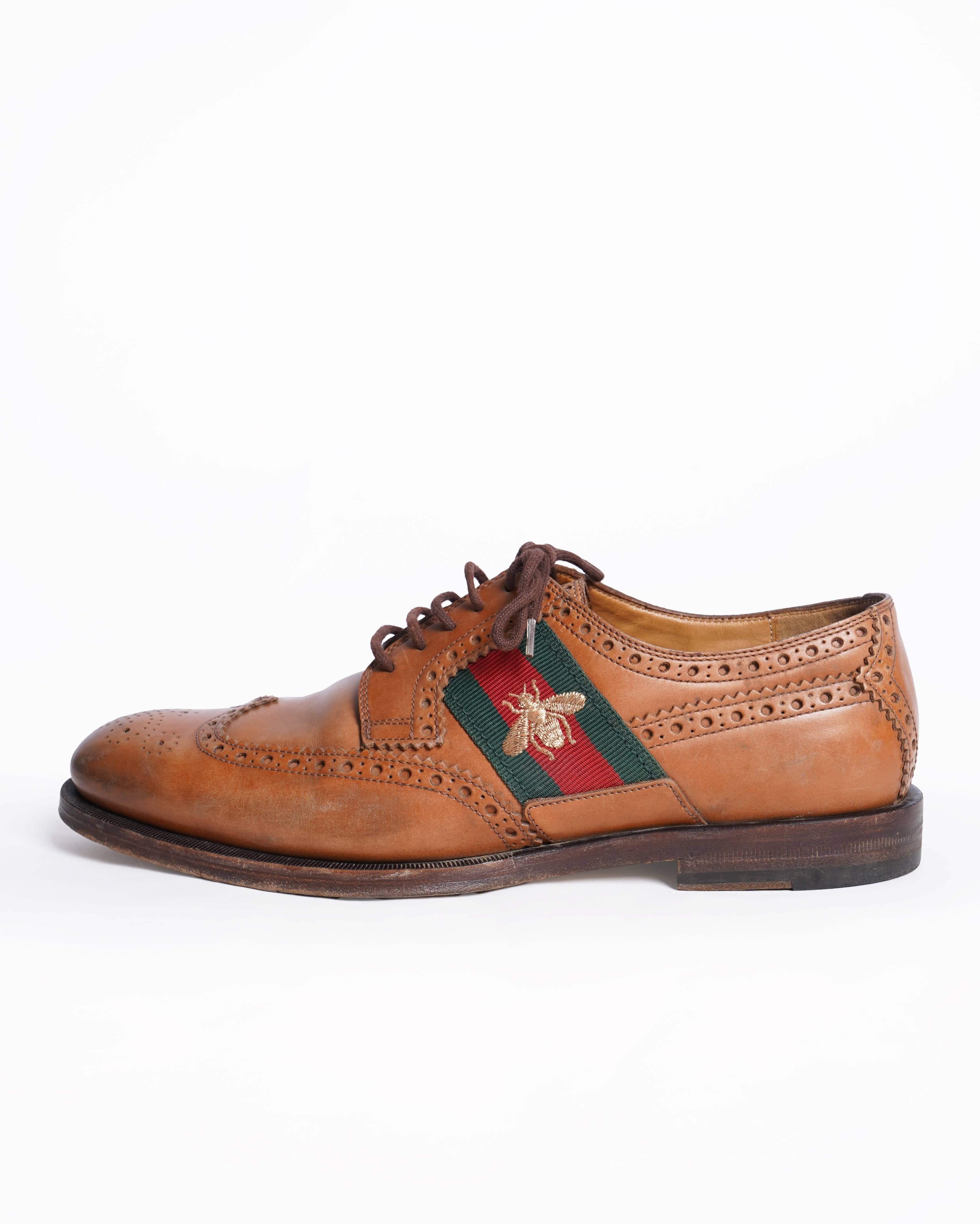 Gucci Brown Brogue Leather Bee Web Detail Lace Up
