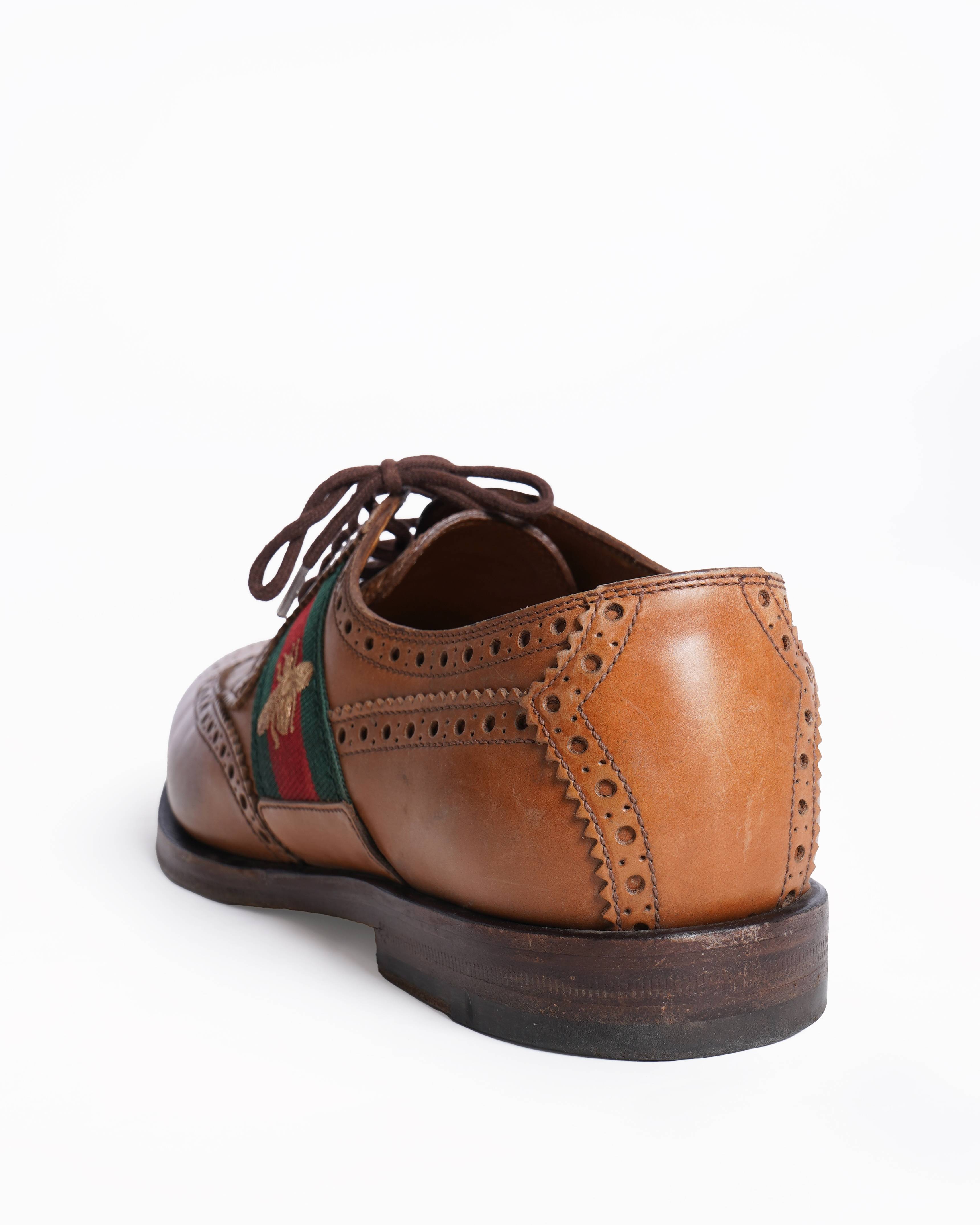 Gucci Brown Brogue Leather Bee Web Detail Lace Up