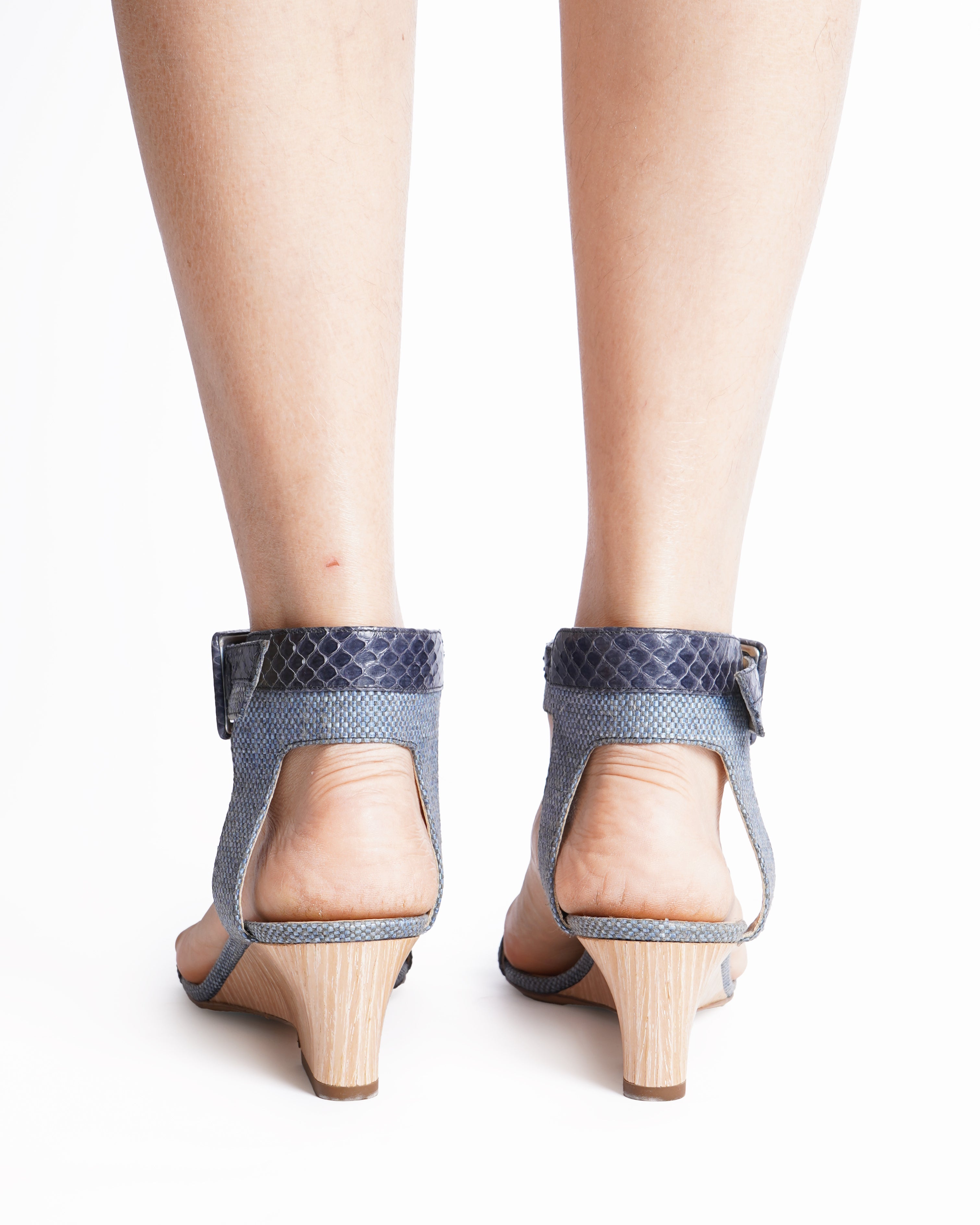 Jimmy Choo Mansy Raffia Ankle Wrap Snake Skin Wedges