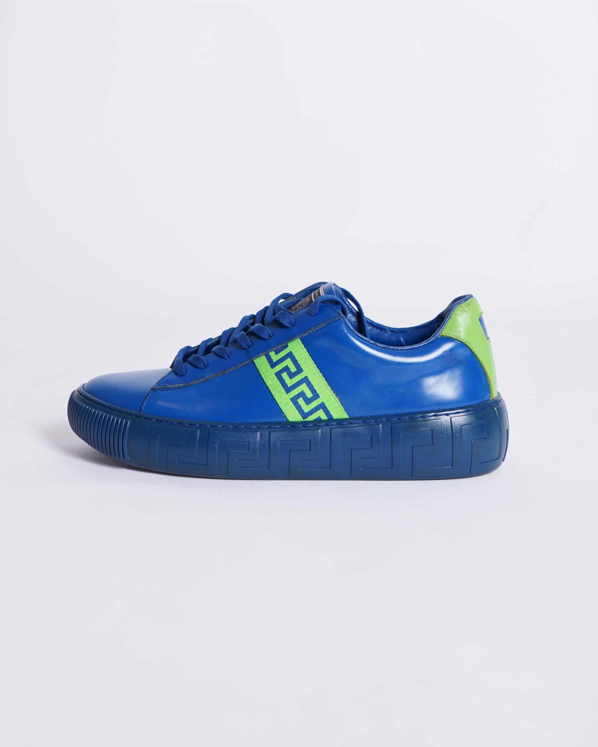 Versace Shoes in Blue Leather Sneakers With Neon Green Greca Pattern