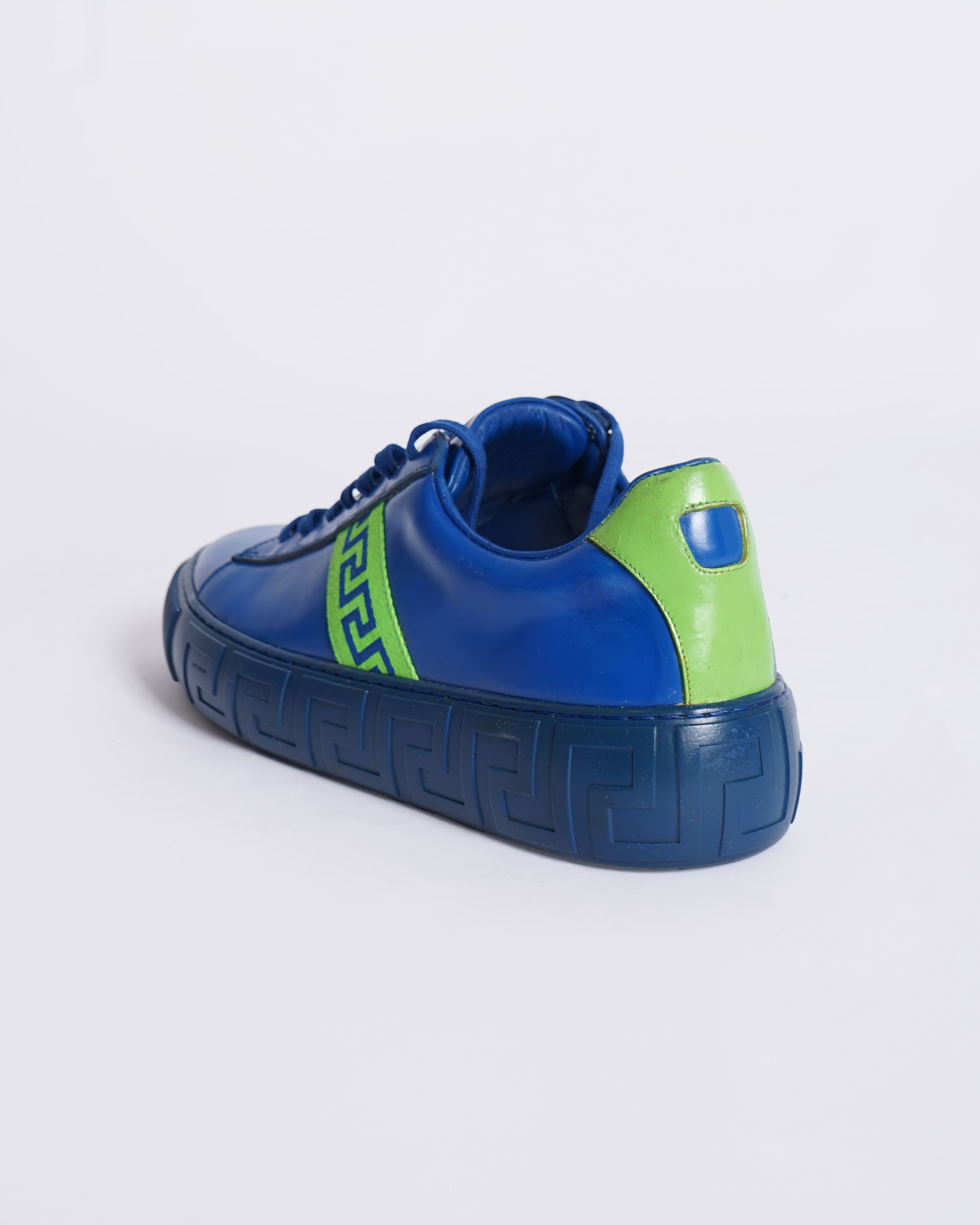 Versace Shoes in Blue Leather Sneakers With Neon Green Greca Pattern