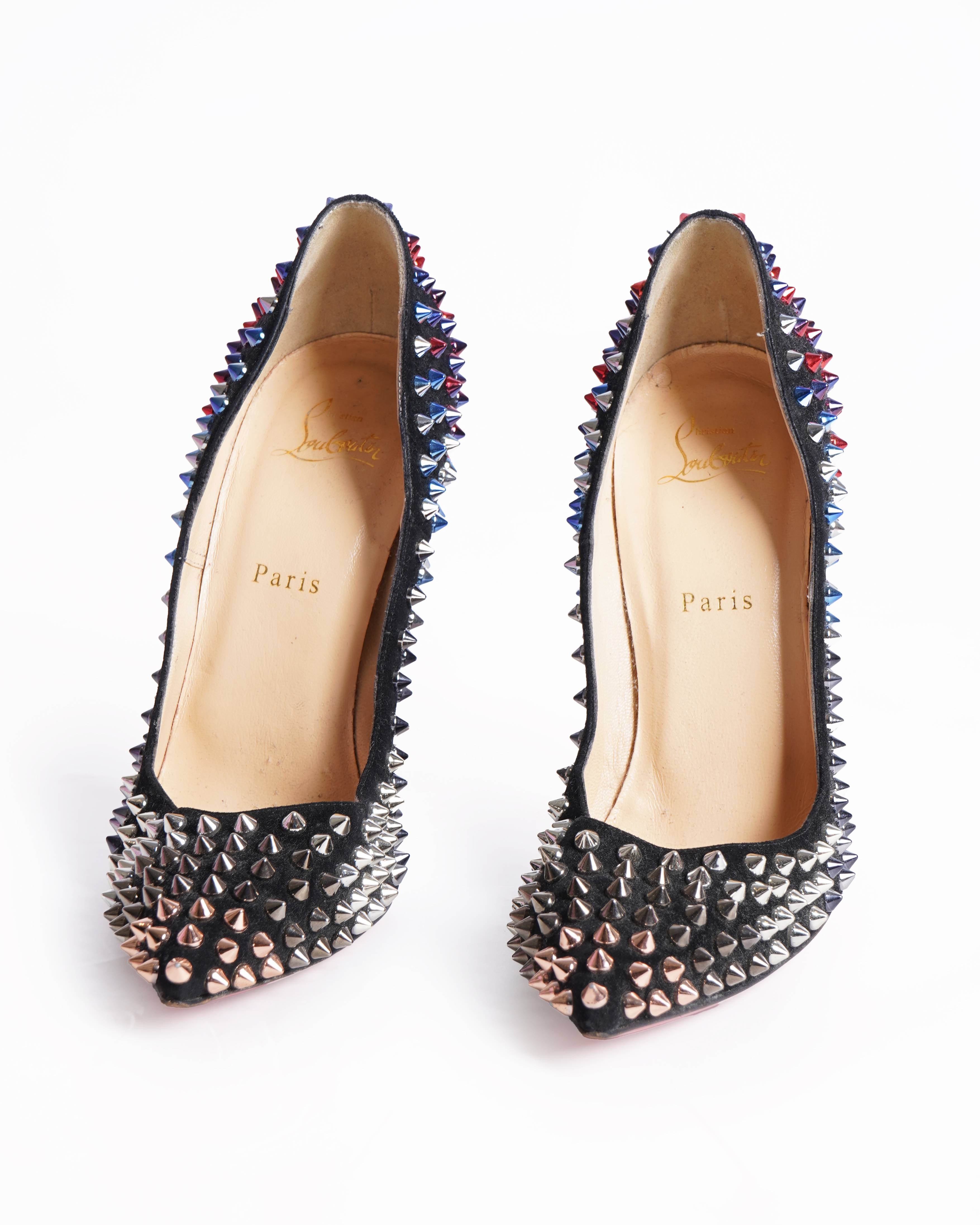 Christian Louboutin Black Suede Follie Spike Pointed Toe Pumps