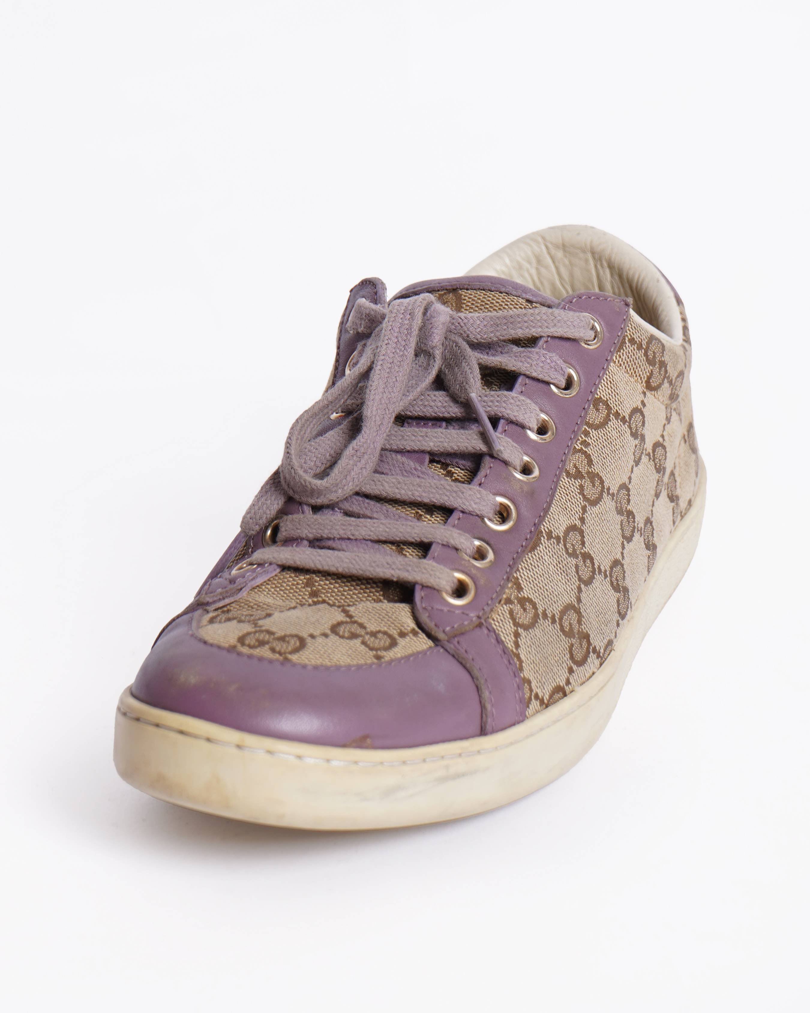 Gucci Purple/Beige Leather And Guccissima
Canvas Low Top Sneakers
