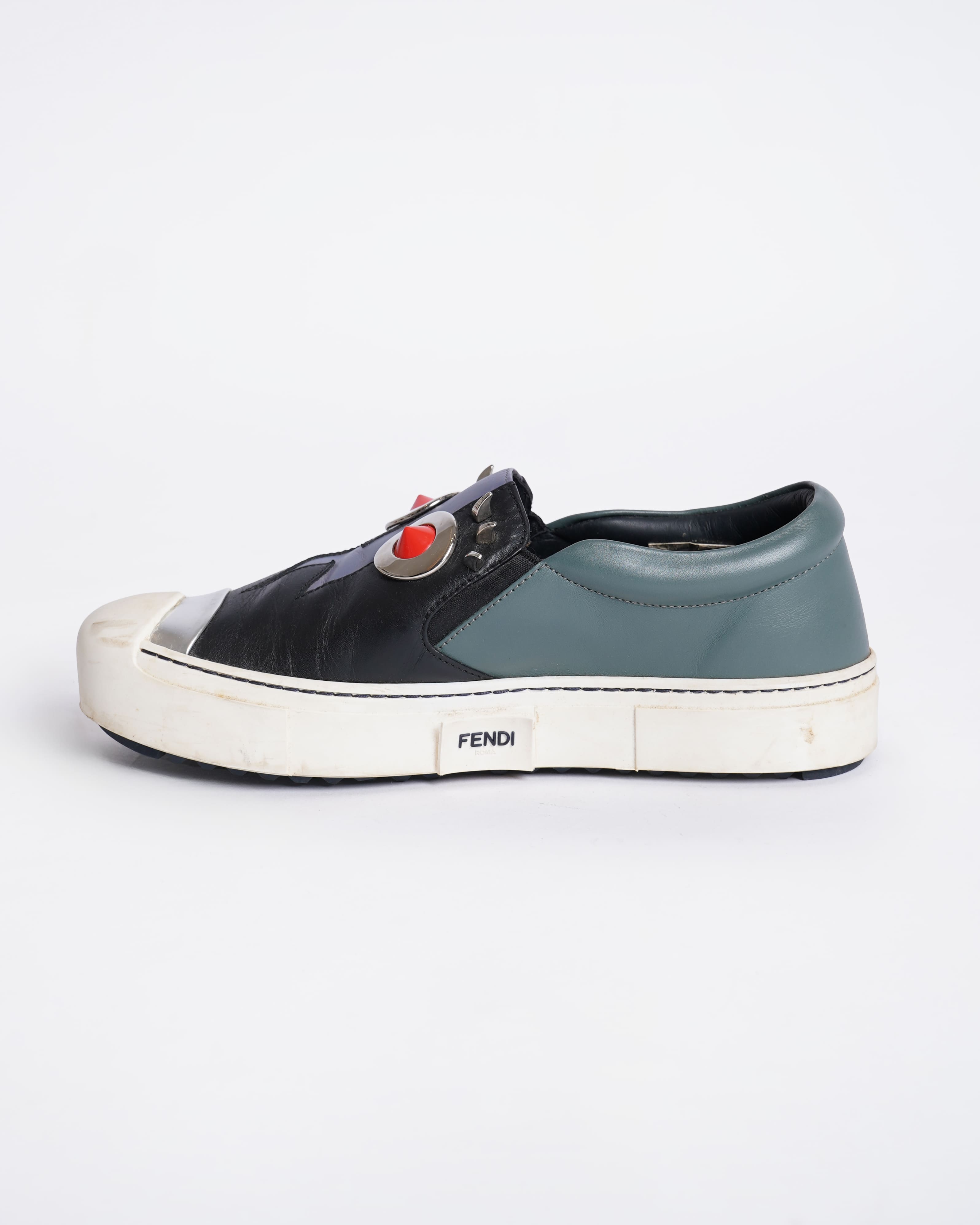 Fendi monster black leather slip on sneakers
