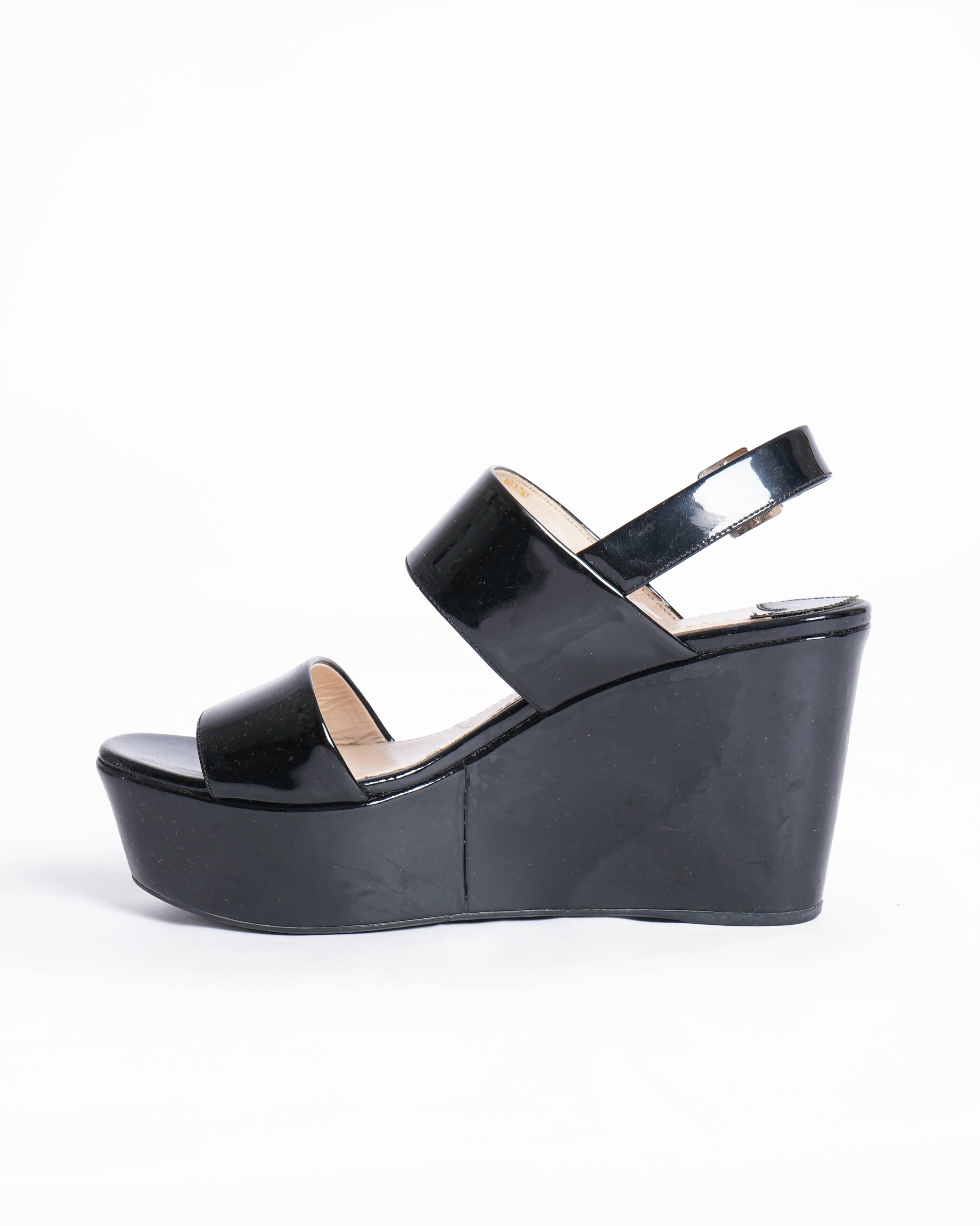 Prada Black Patent Open Toe Wedge Sandals