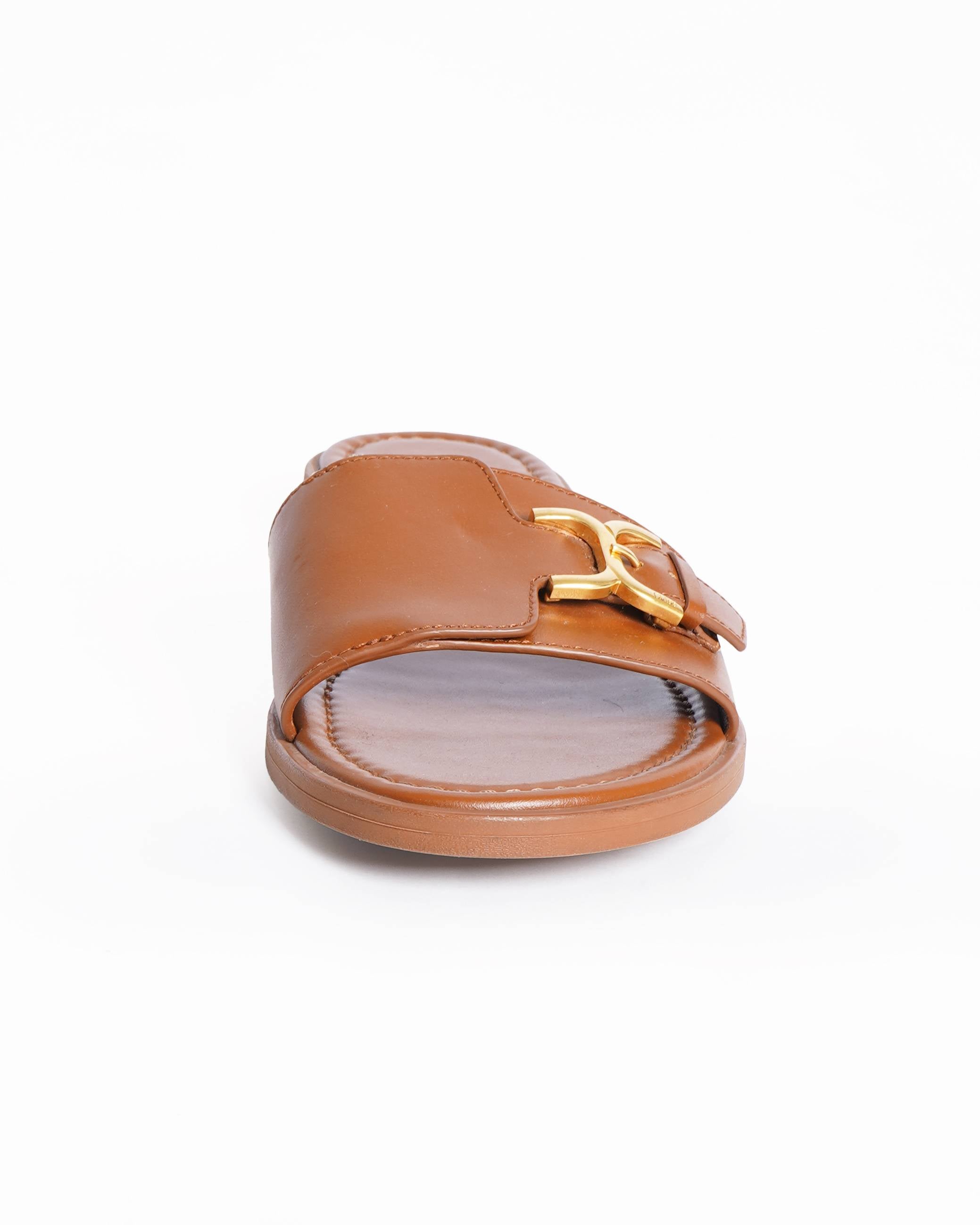 Chloé macie buckeled brown leather slide sandals