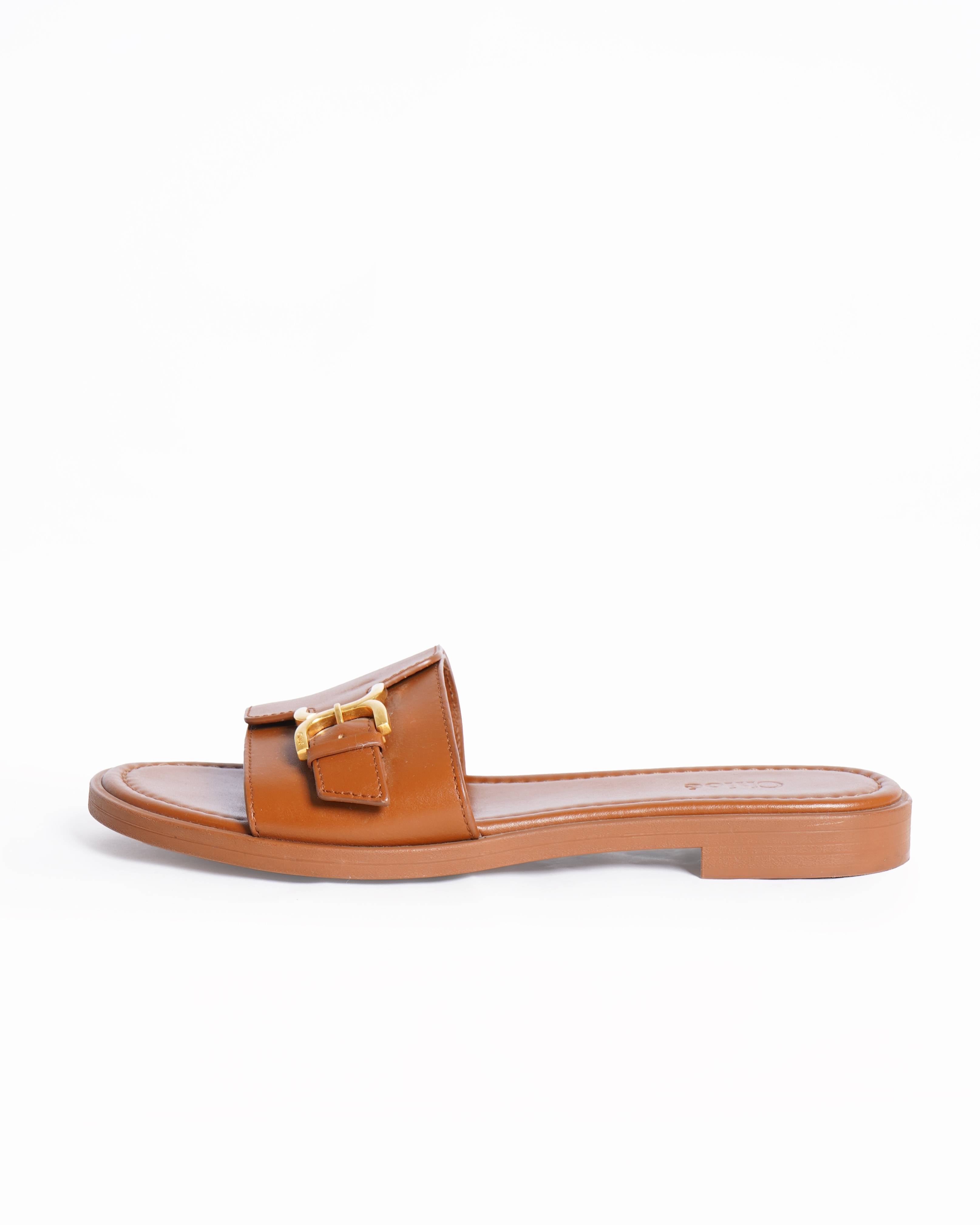 Chloé macie buckeled brown leather slide sandals