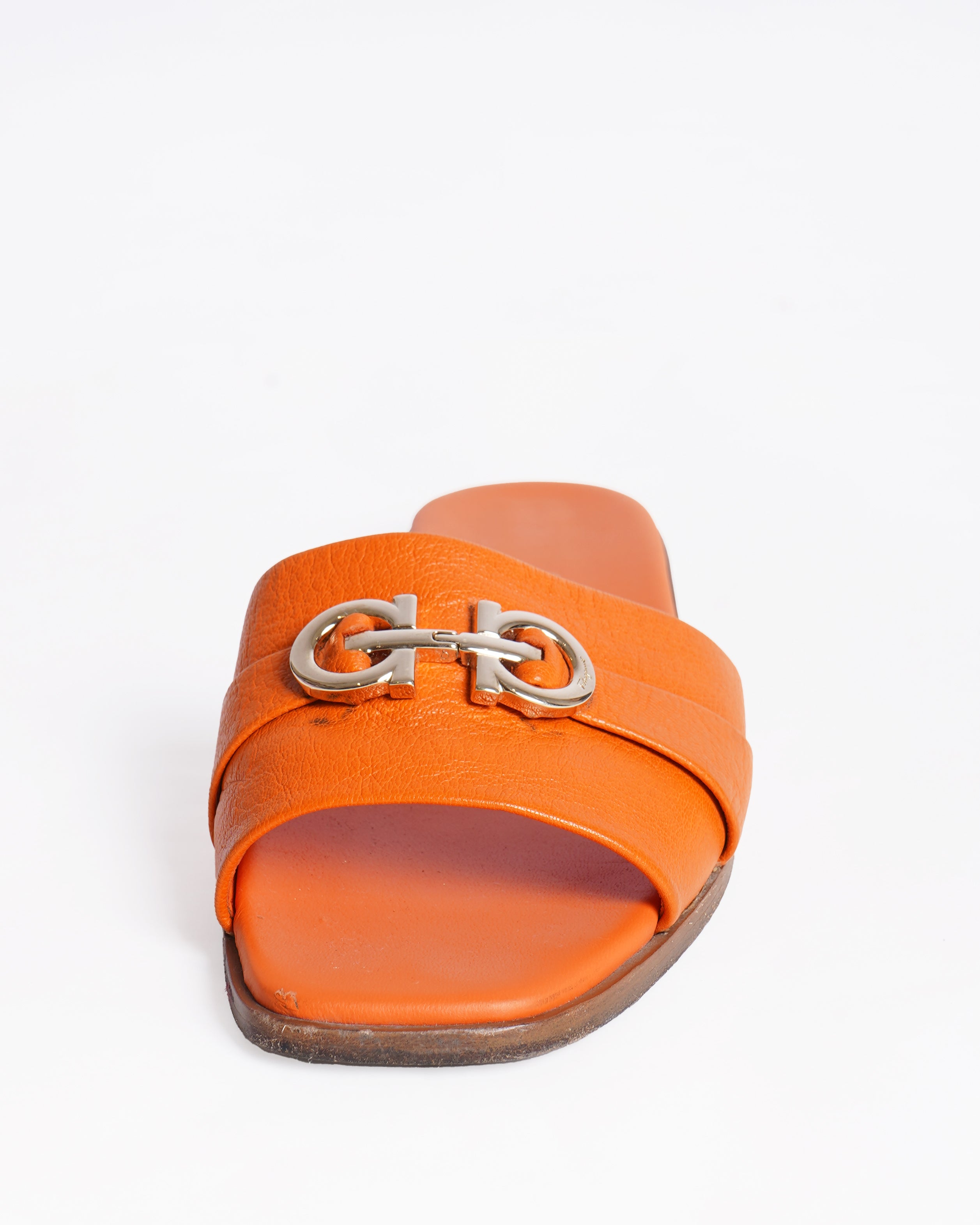 Salvatore Ferragamo Oria 10 Vulcano Orange Leather Slide Sandals