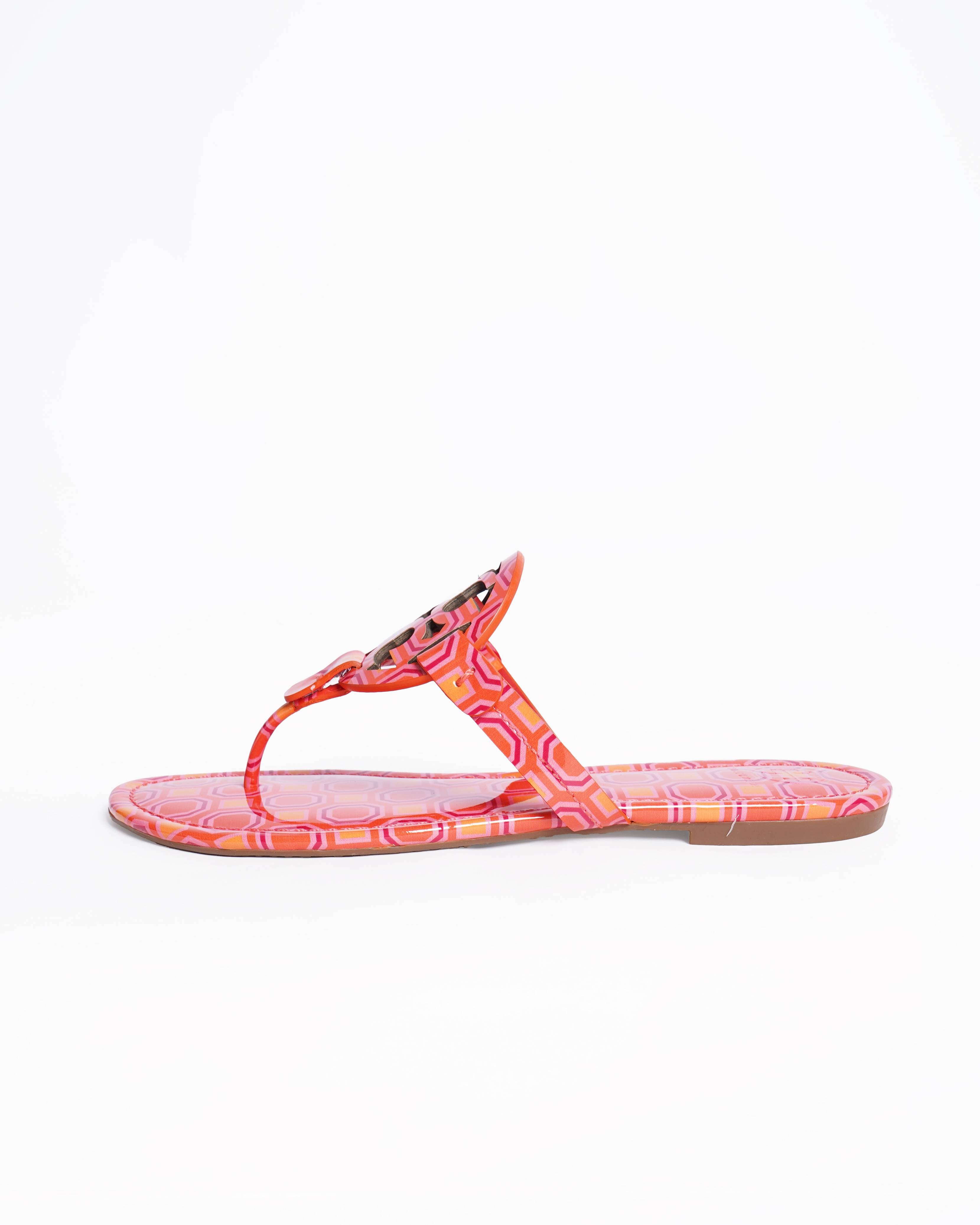 New Tory Burch Miller Sandals Orange Coral Pink Geometric Patent Leather