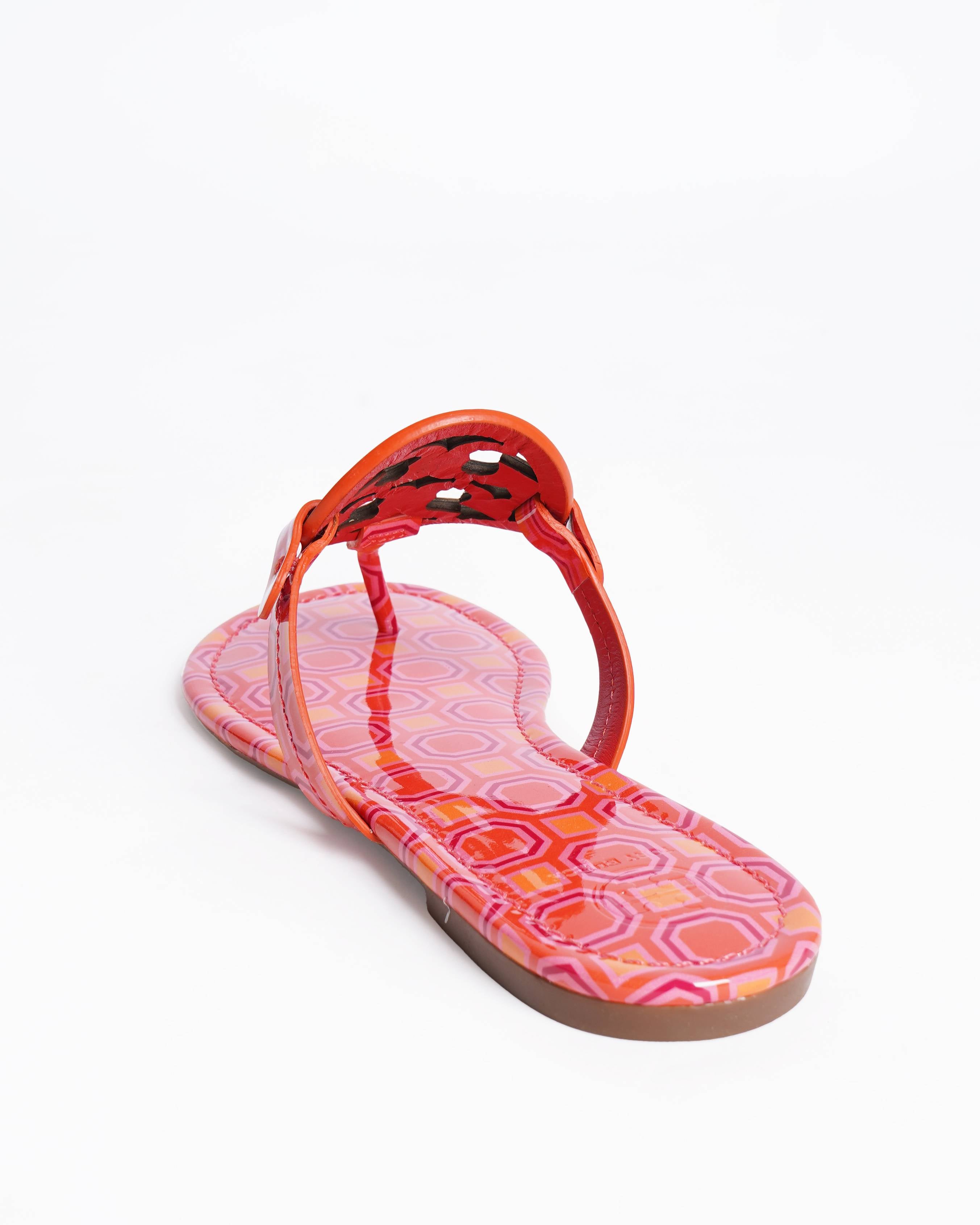 New Tory Burch Miller Sandals Orange Coral Pink Geometric Patent Leather