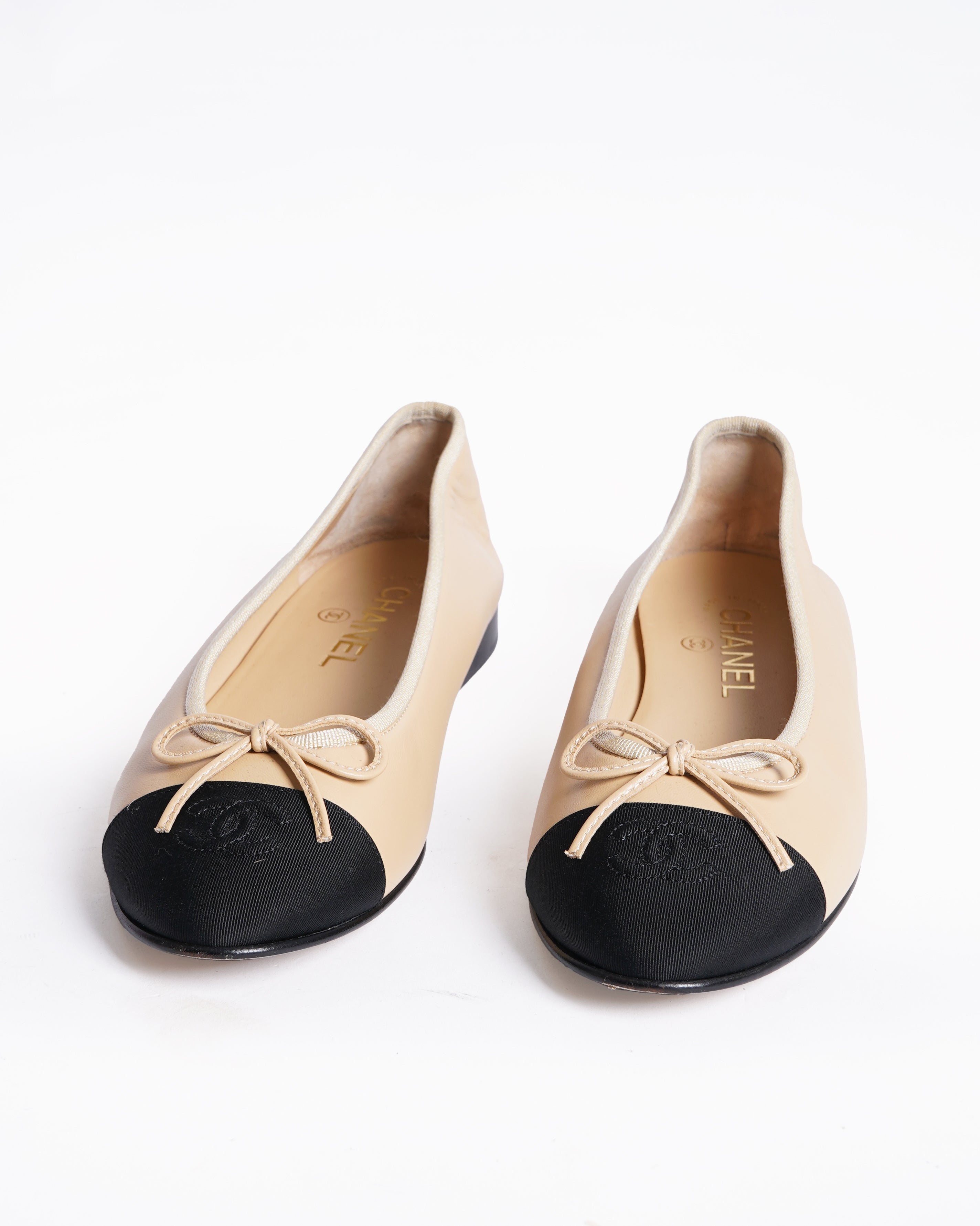 Chanel Beige & Black Cap-Toe Ballerinas