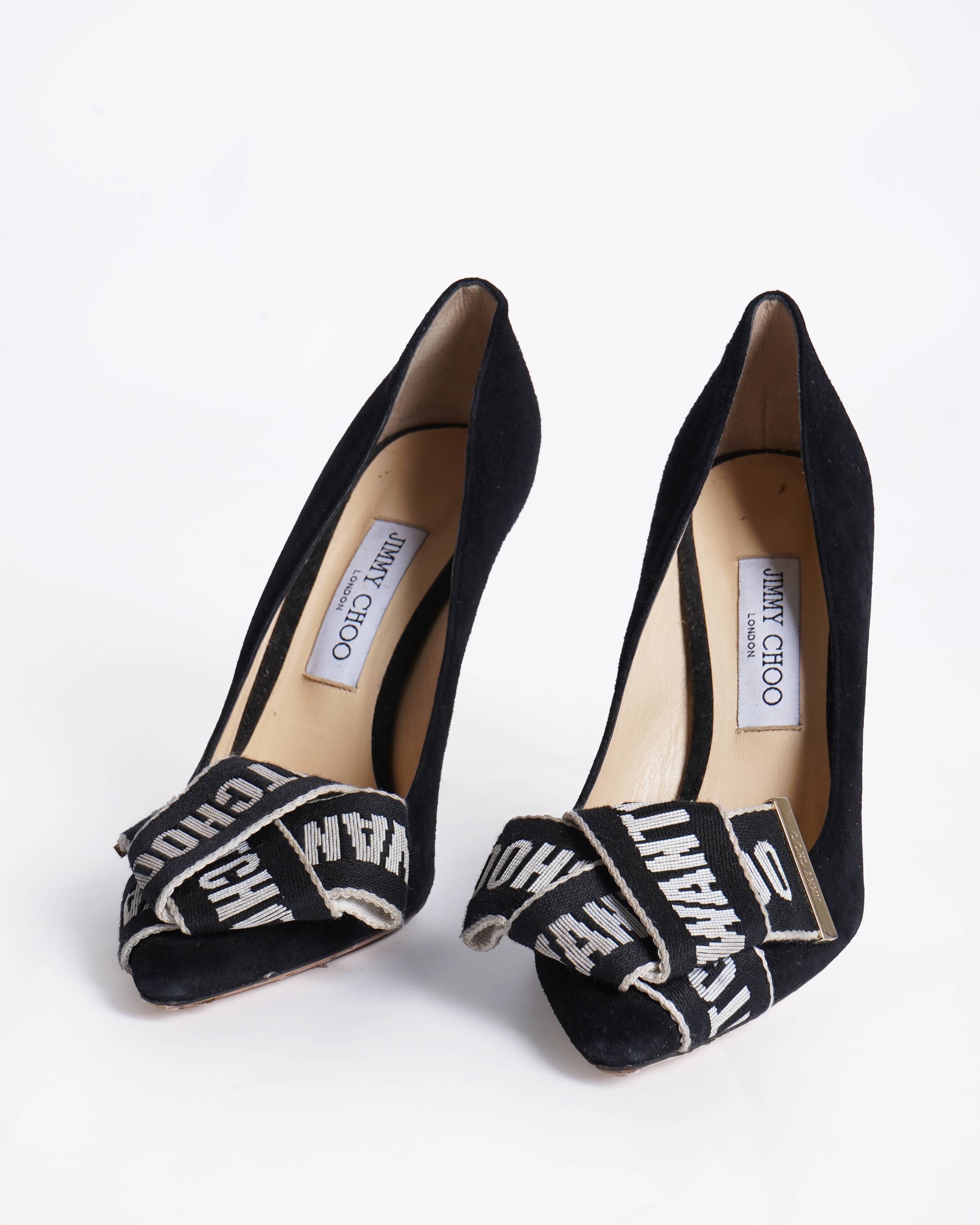 Jimmy choo tegan logo tape bow suede heels