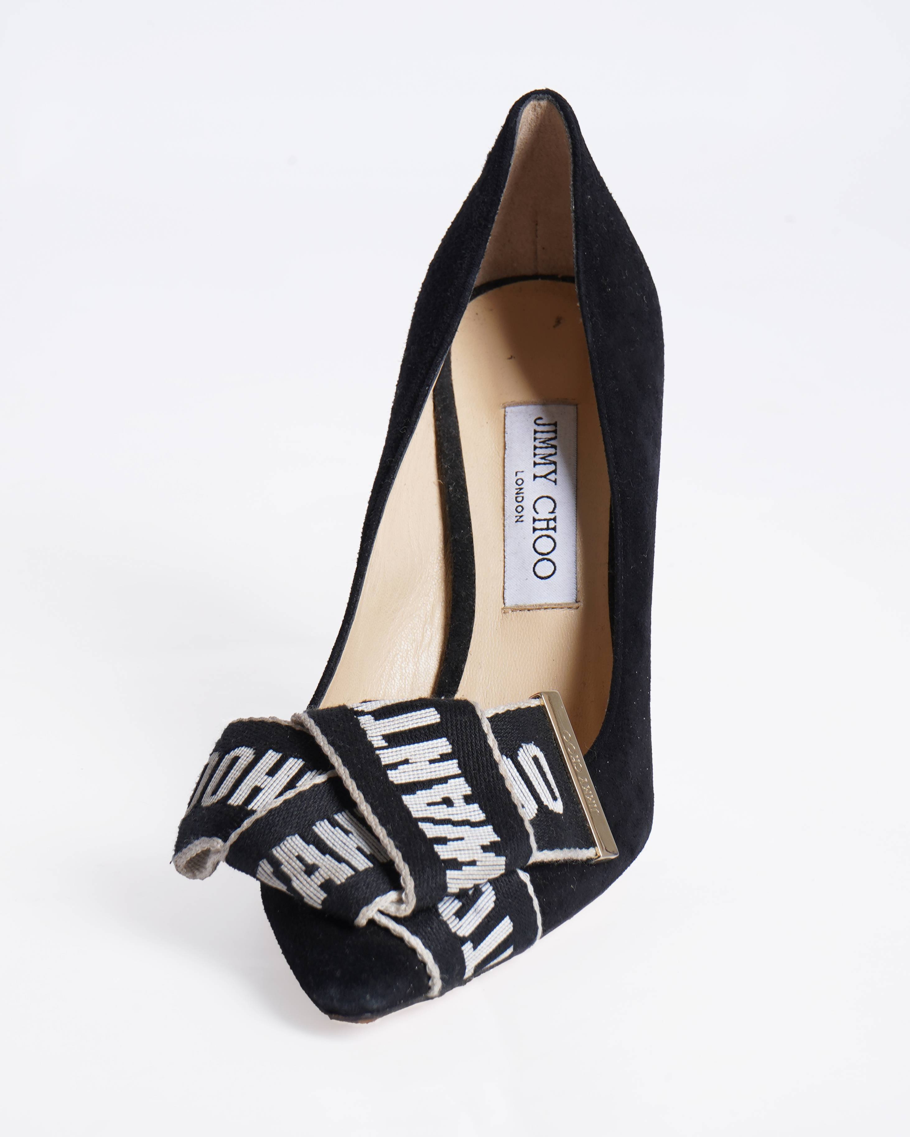 Jimmy choo tegan logo tape bow suede heels