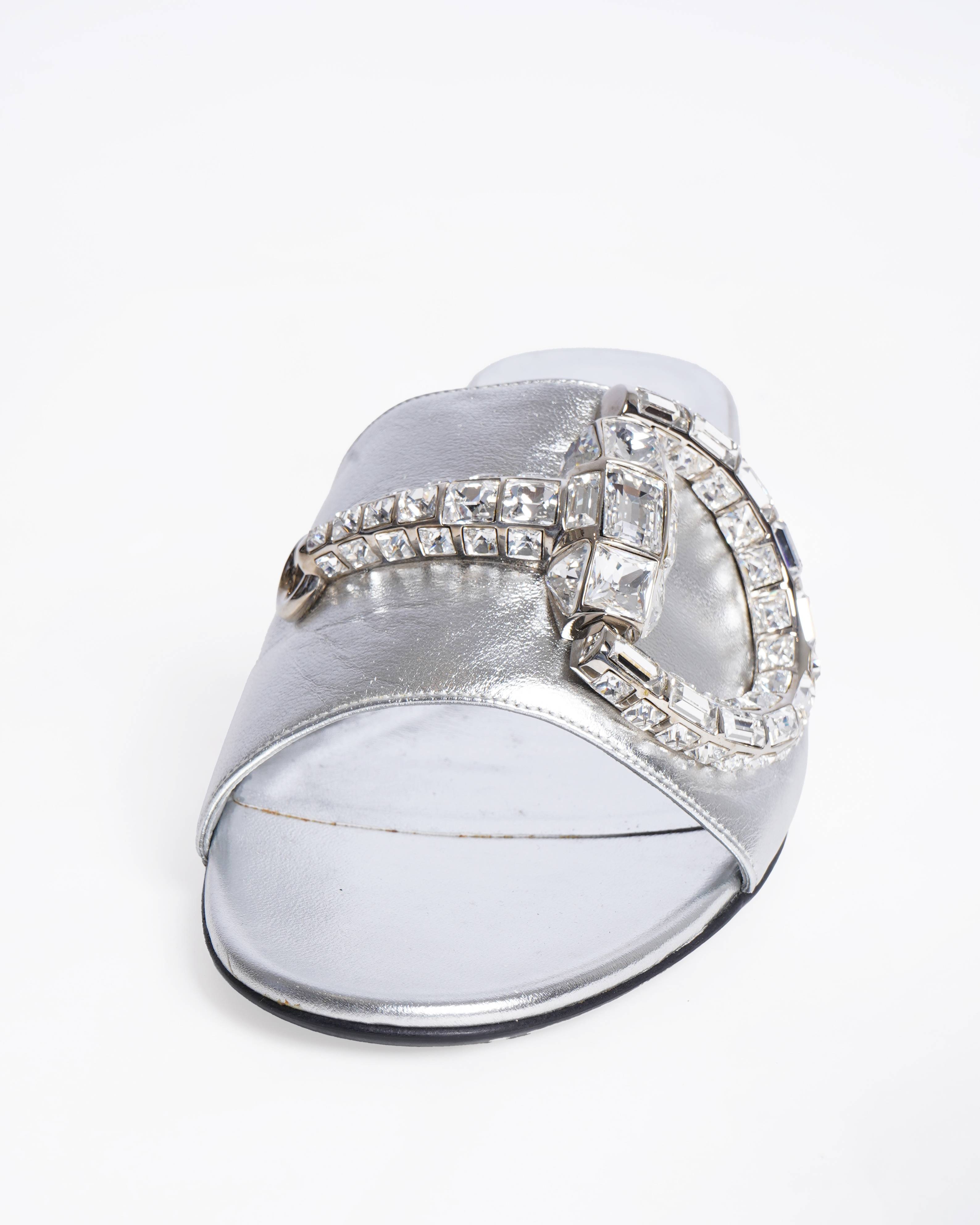 New Gucci Silver Leather Maxime Crystal Horsebit Slide Sandals